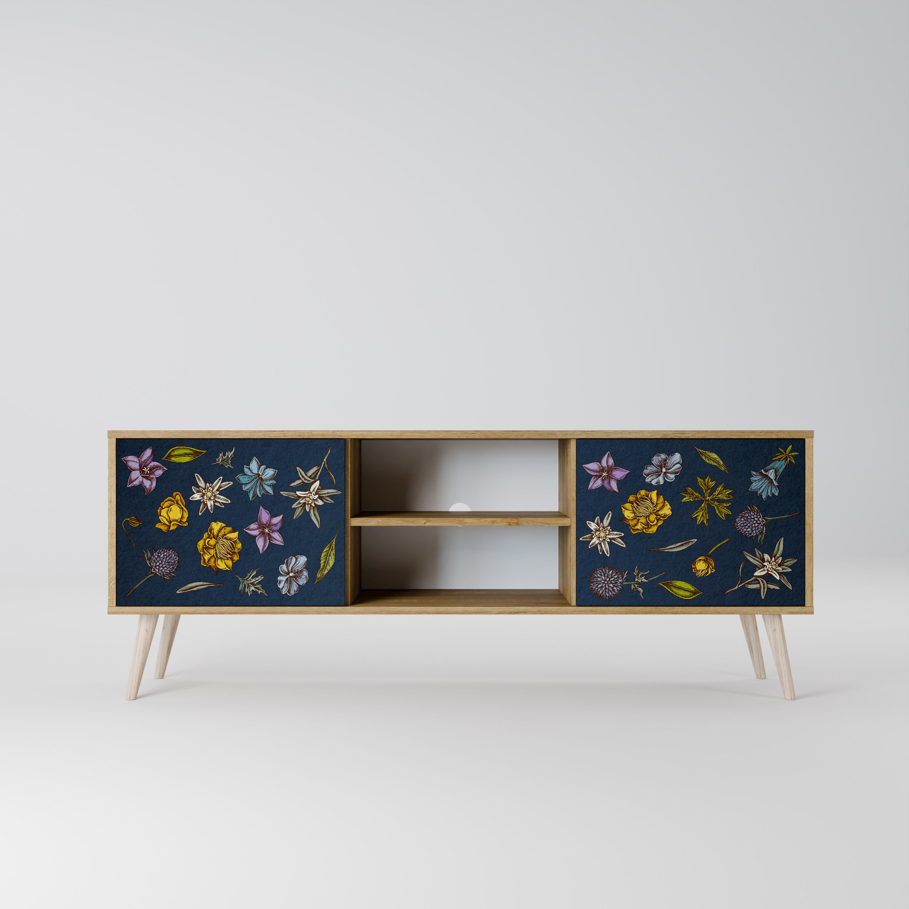 BLOMMOR PÅ MARINBLÅT 2-dörrars TV-bänk i ekeffekt