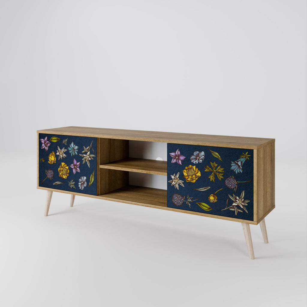 BLOMMOR PÅ MARINBLÅT 2-dörrars TV-bänk i ekeffekt