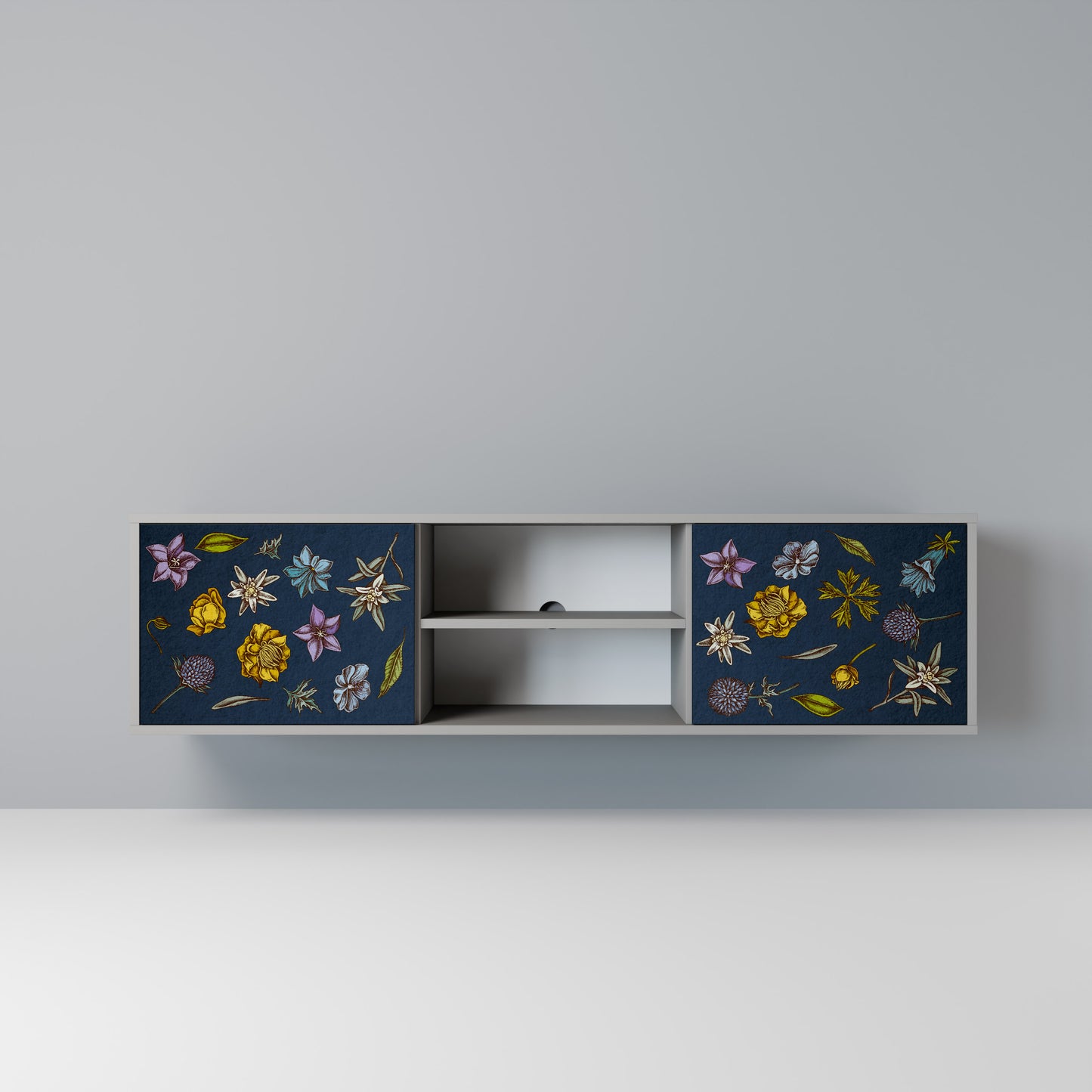 BLOMMOR PÅ MARINBLÅT 2-dörrars TV-bänk i grå finish