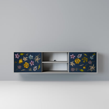 BLOMMOR PÅ MARINBLÅT 2-dörrars TV-bänk i grå finish