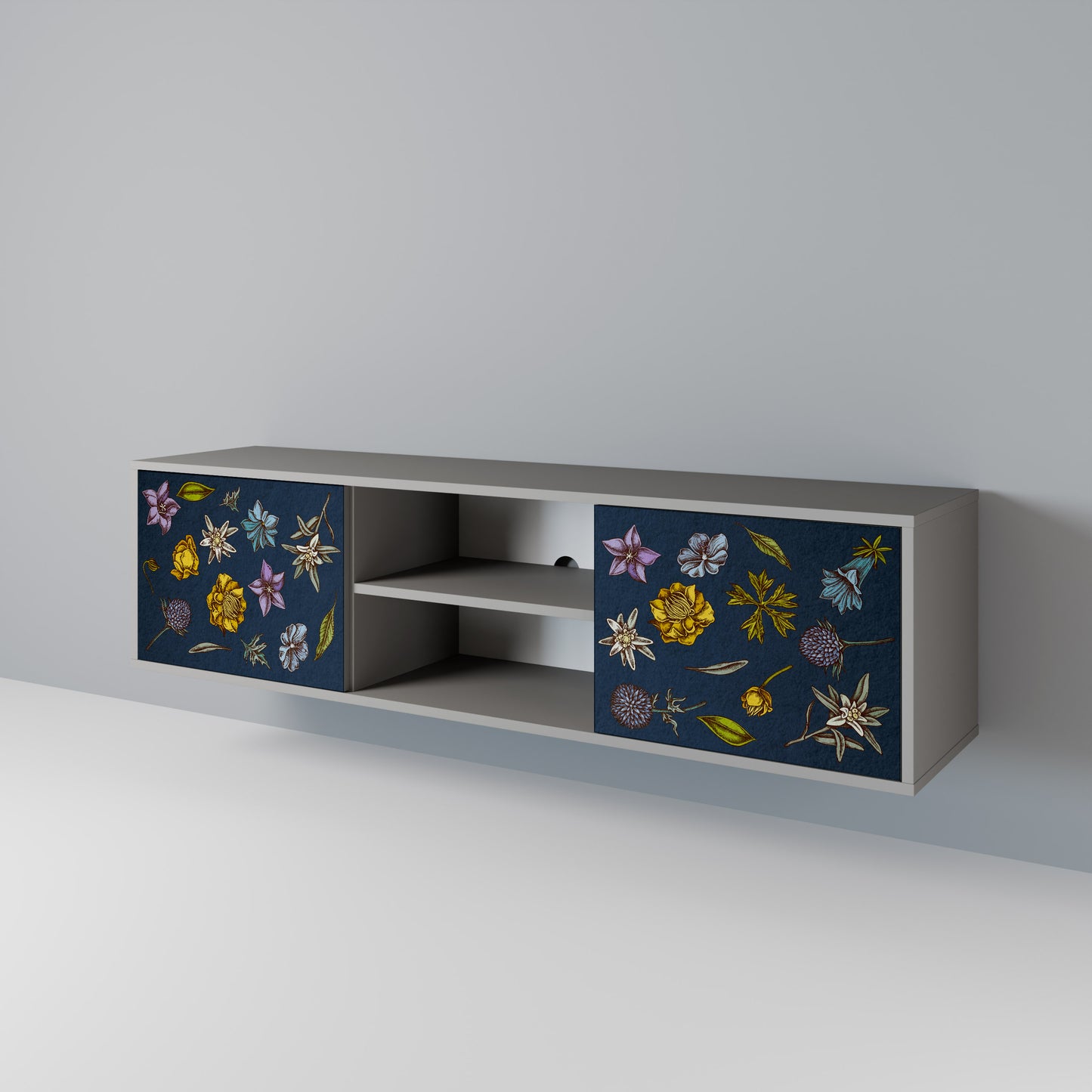 BLOMMOR PÅ MARINBLÅT 2-dörrars TV-bänk i grå finish