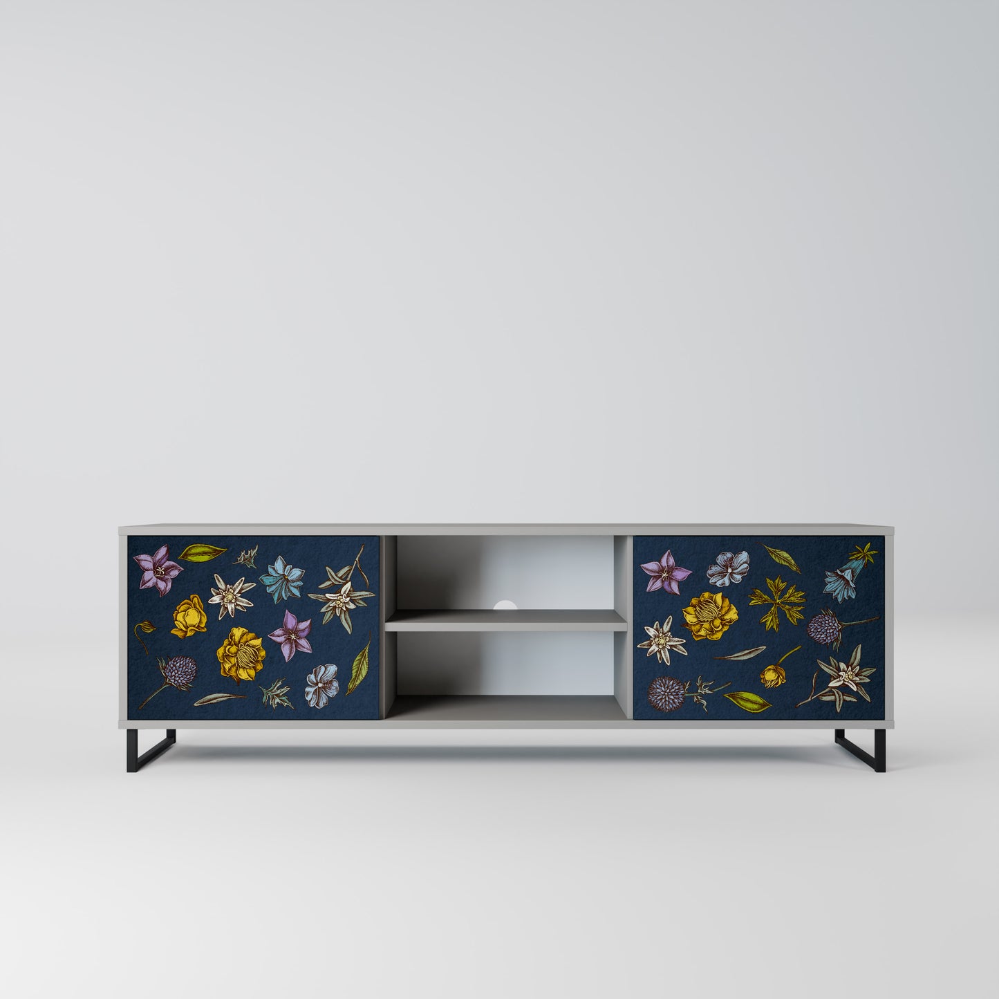 BLOMMOR PÅ MARINBLÅT 2-dörrars TV-bänk i grå finish