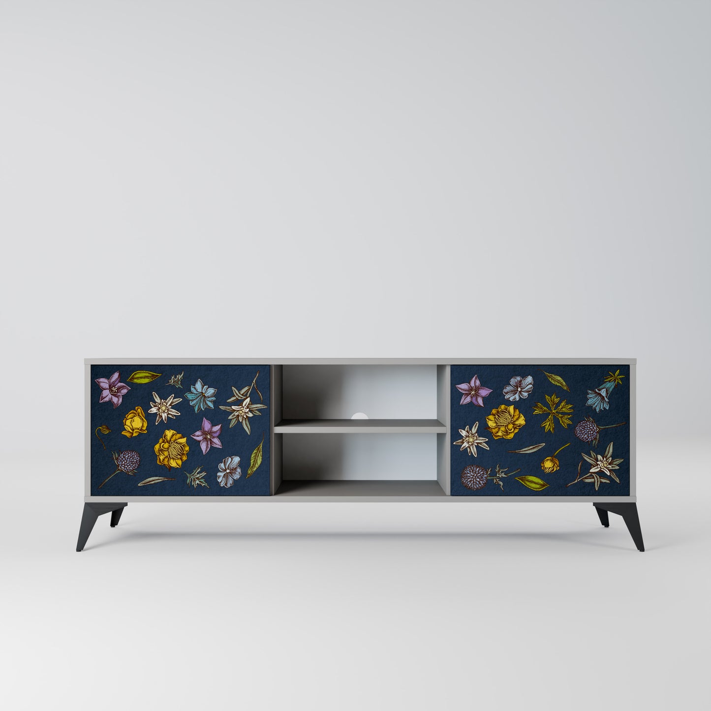 BLOMMOR PÅ MARINBLÅT 2-dörrars TV-bänk i grå finish