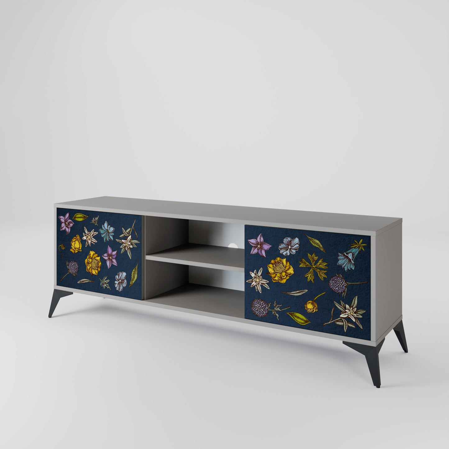 BLOMMOR PÅ MARINBLÅT 2-dörrars TV-bänk i grå finish