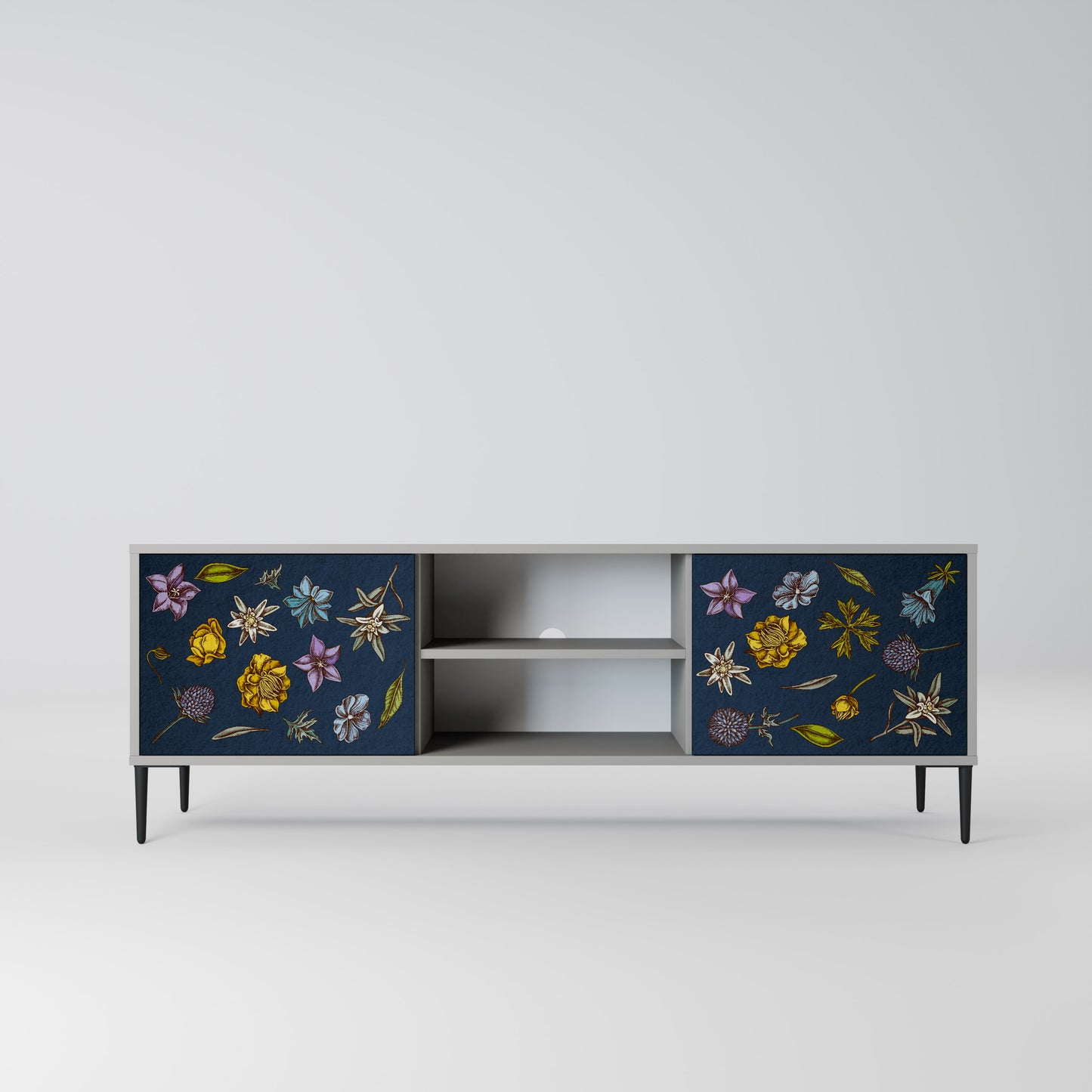 BLOMMOR PÅ MARINBLÅT 2-dörrars TV-bänk i grå finish