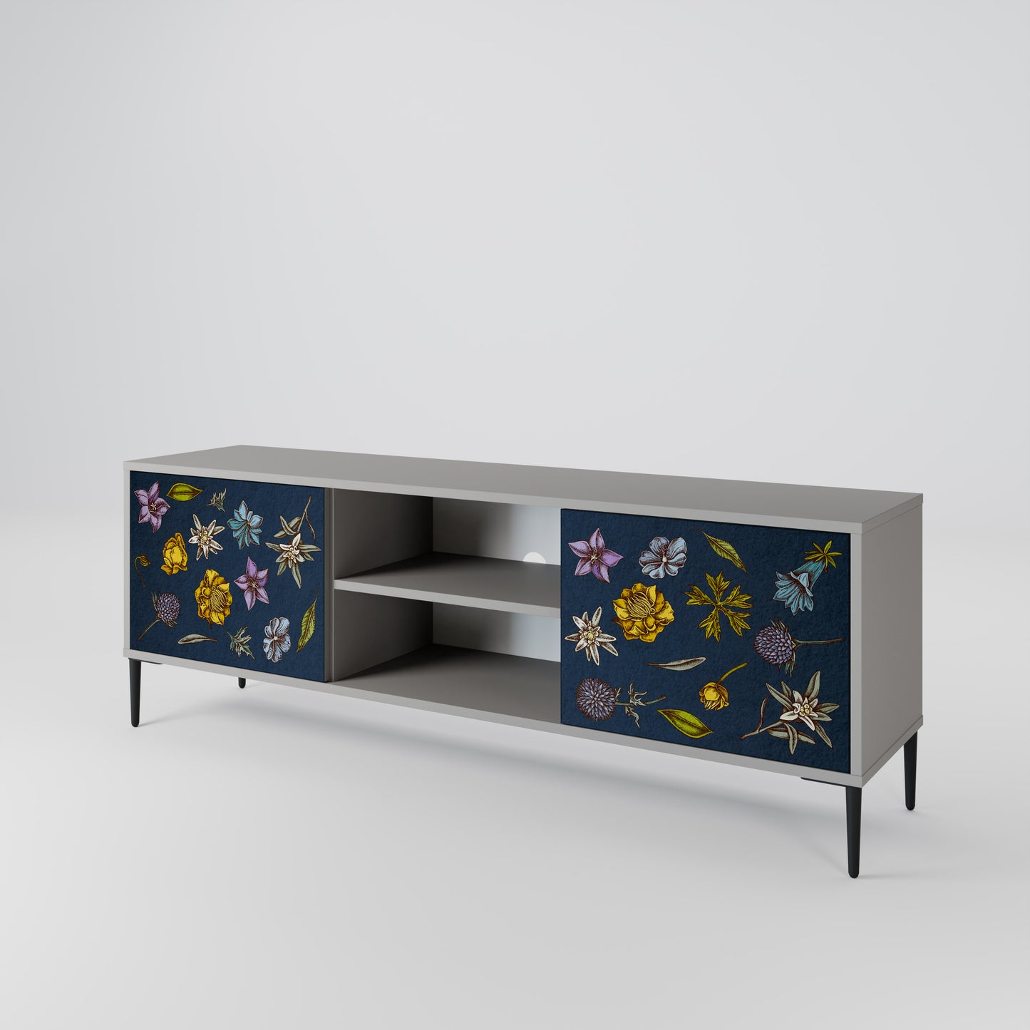BLOMMOR PÅ MARINBLÅT 2-dörrars TV-bänk i grå finish