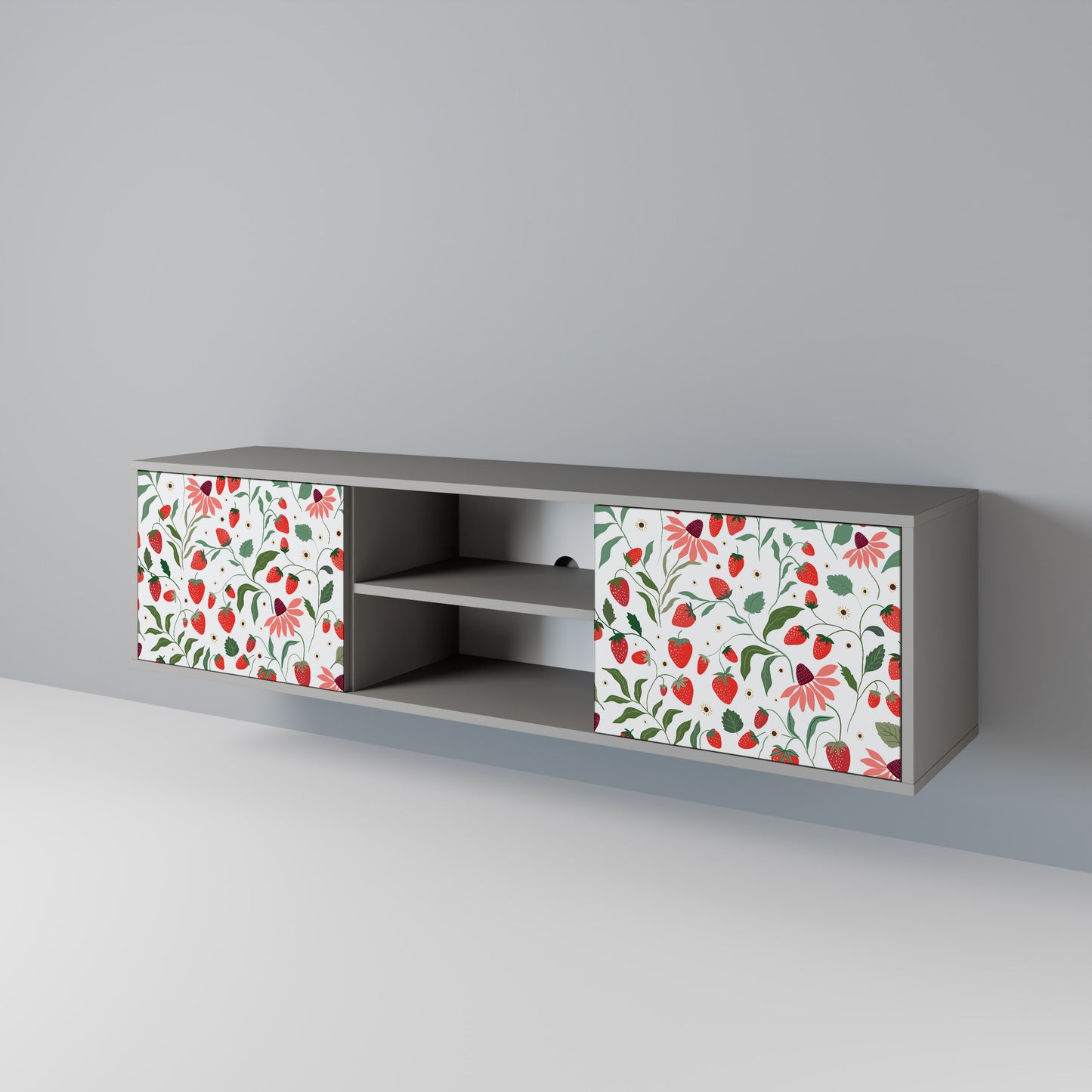 BLOMMOR OCH JORDGUBBAR 2-dörrars TV-bänk i grå finish