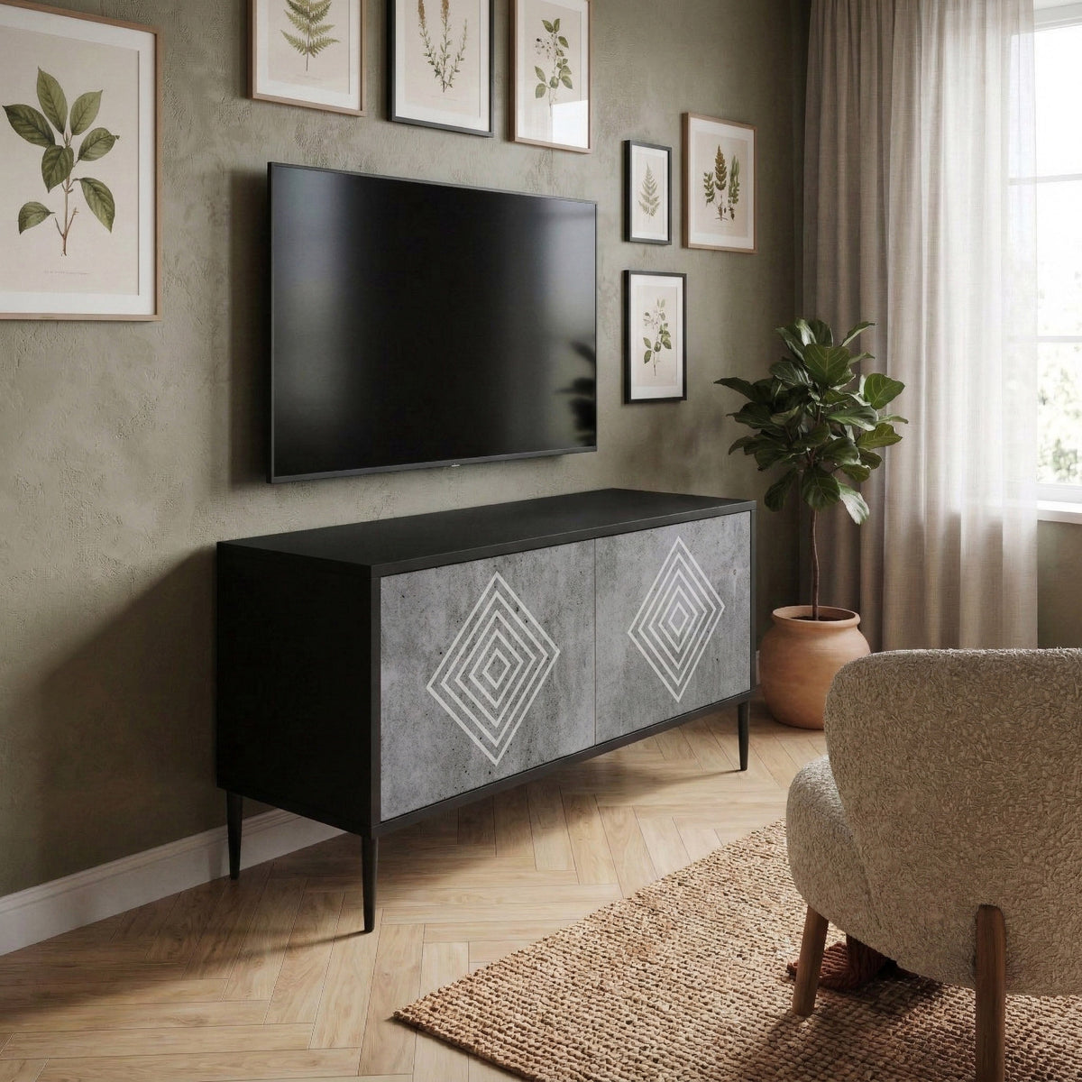 POLYGONAL ARTISTRY Kompakt TV-bänk med 2 dörrar