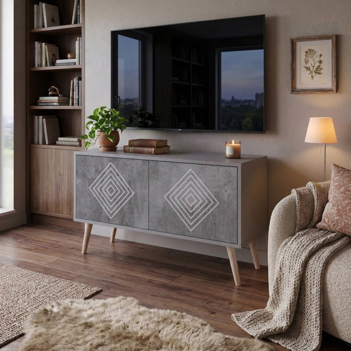 POLYGONAL ARTISTRY Kompakt TV-bänk med 2 dörrar