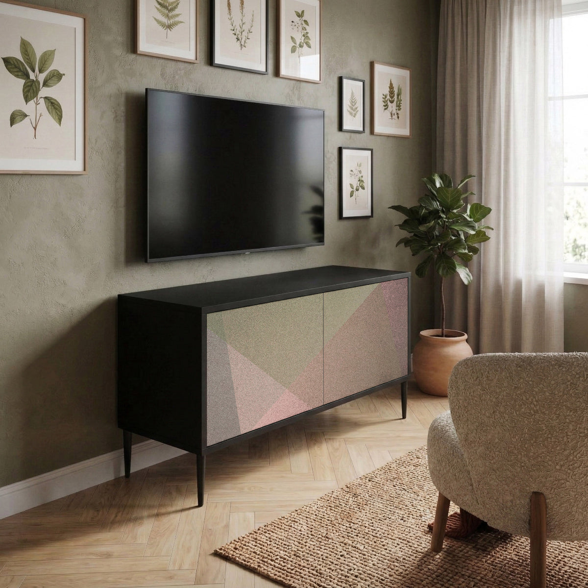 BEIGE GEOMETRY Kompakt TV-bänk med 2 dörrar