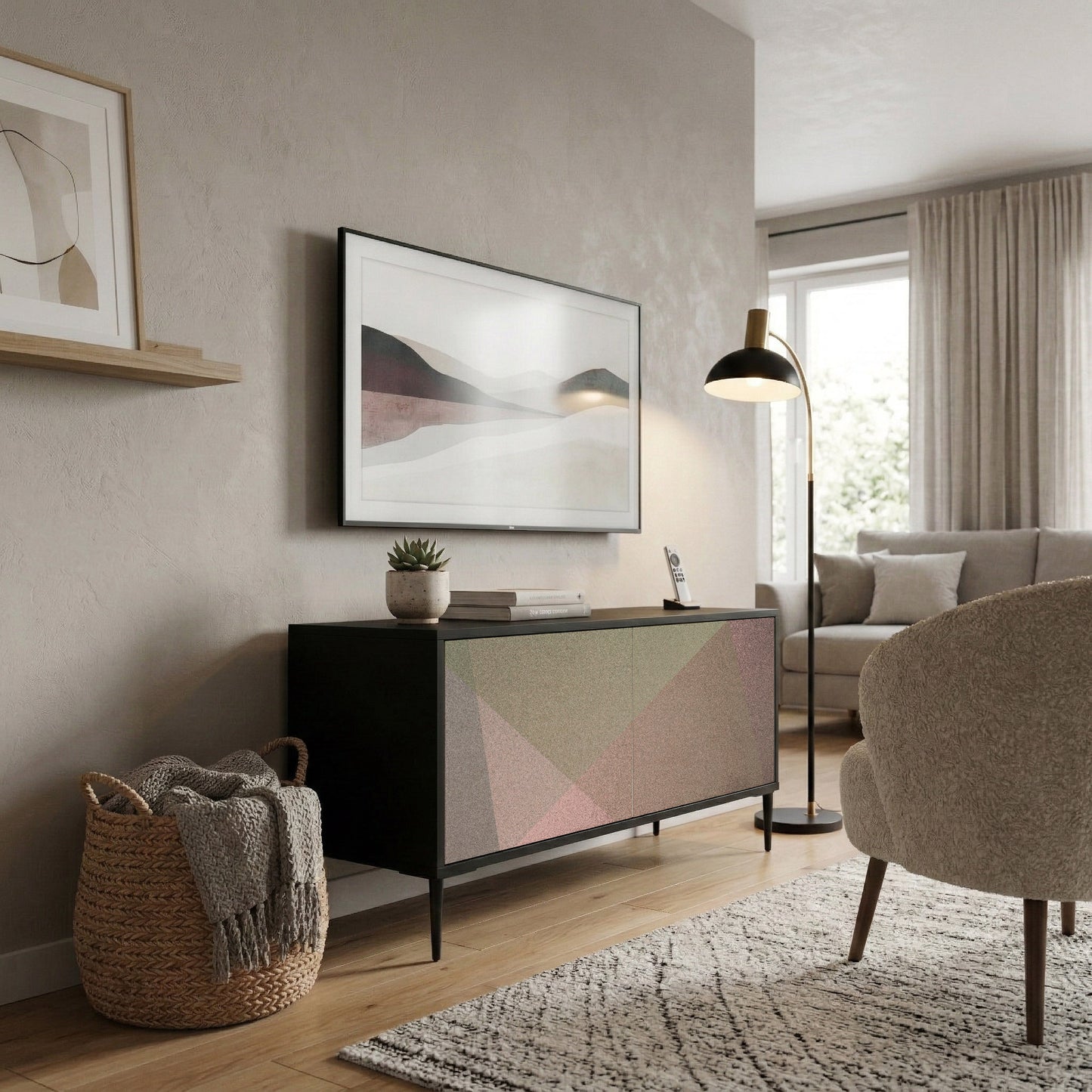 BEIGE GEOMETRY Kompakt TV-bänk med 2 dörrar