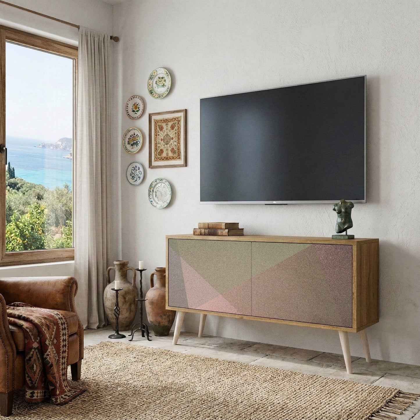 BEIGE GEOMETRY Kompakt TV-bänk med 2 dörrar