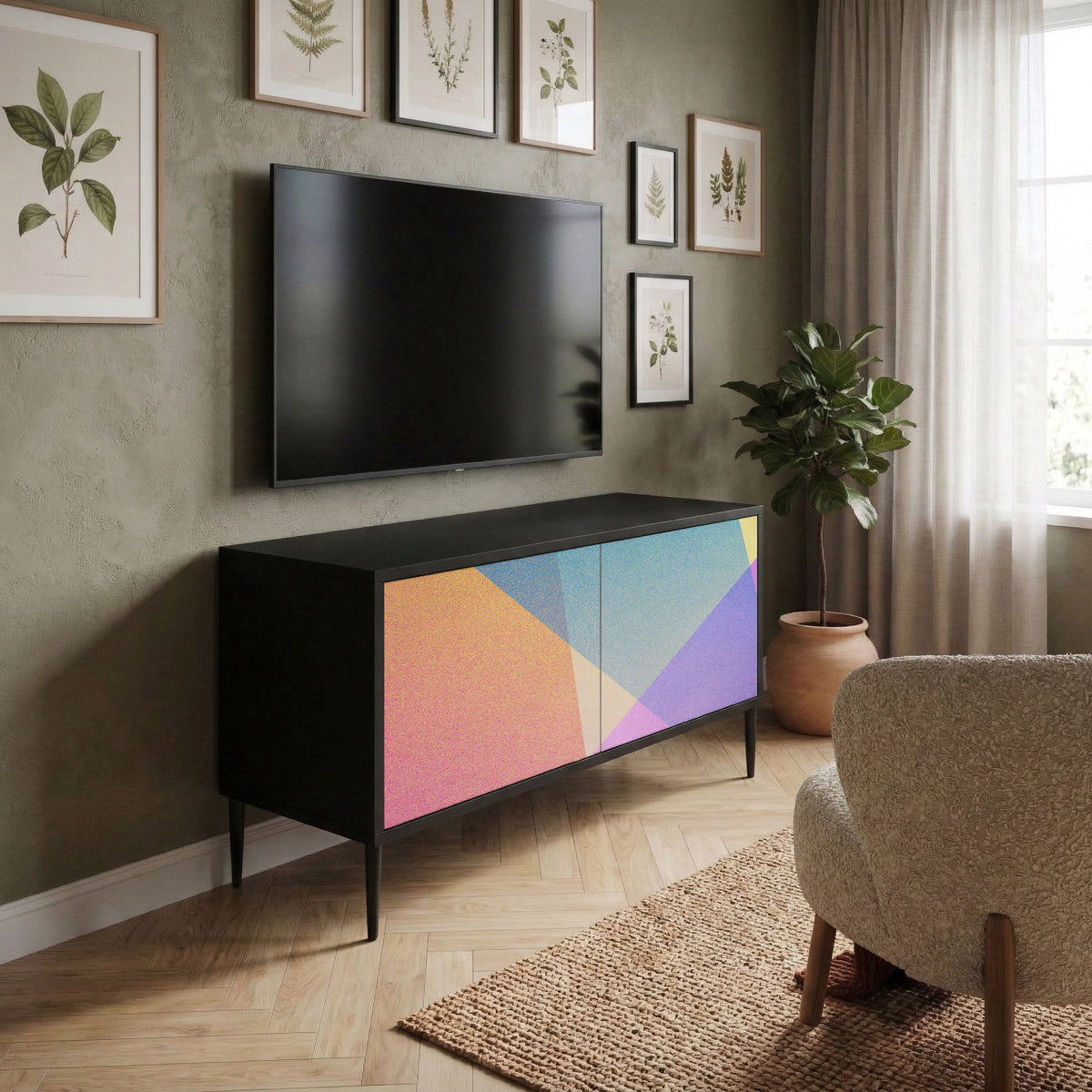 BRIGHT GEOMETRY Kompakt TV-bänk med 2 dörrar