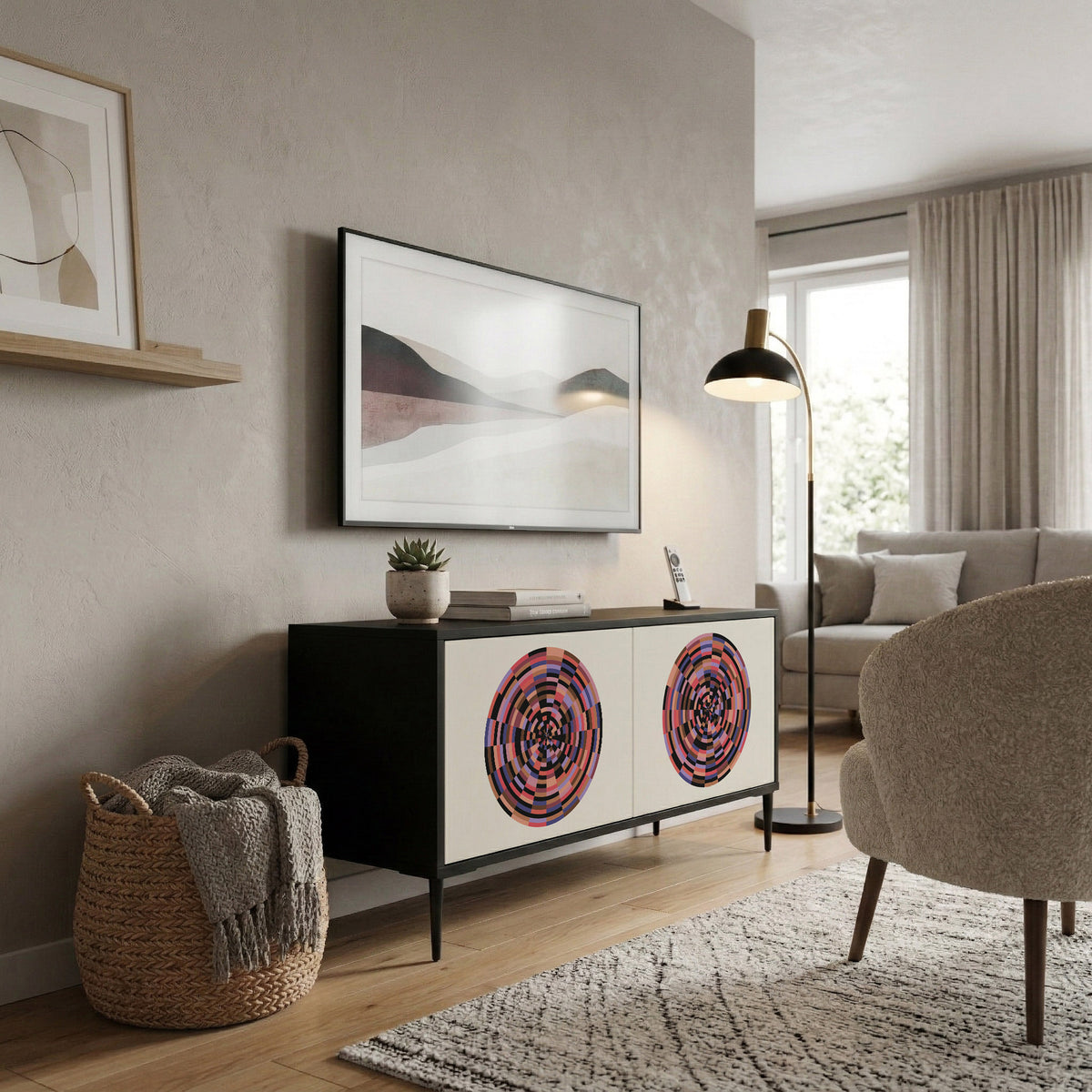 BROWN CIRCLES Kompakt TV-bänk med 2 dörrar