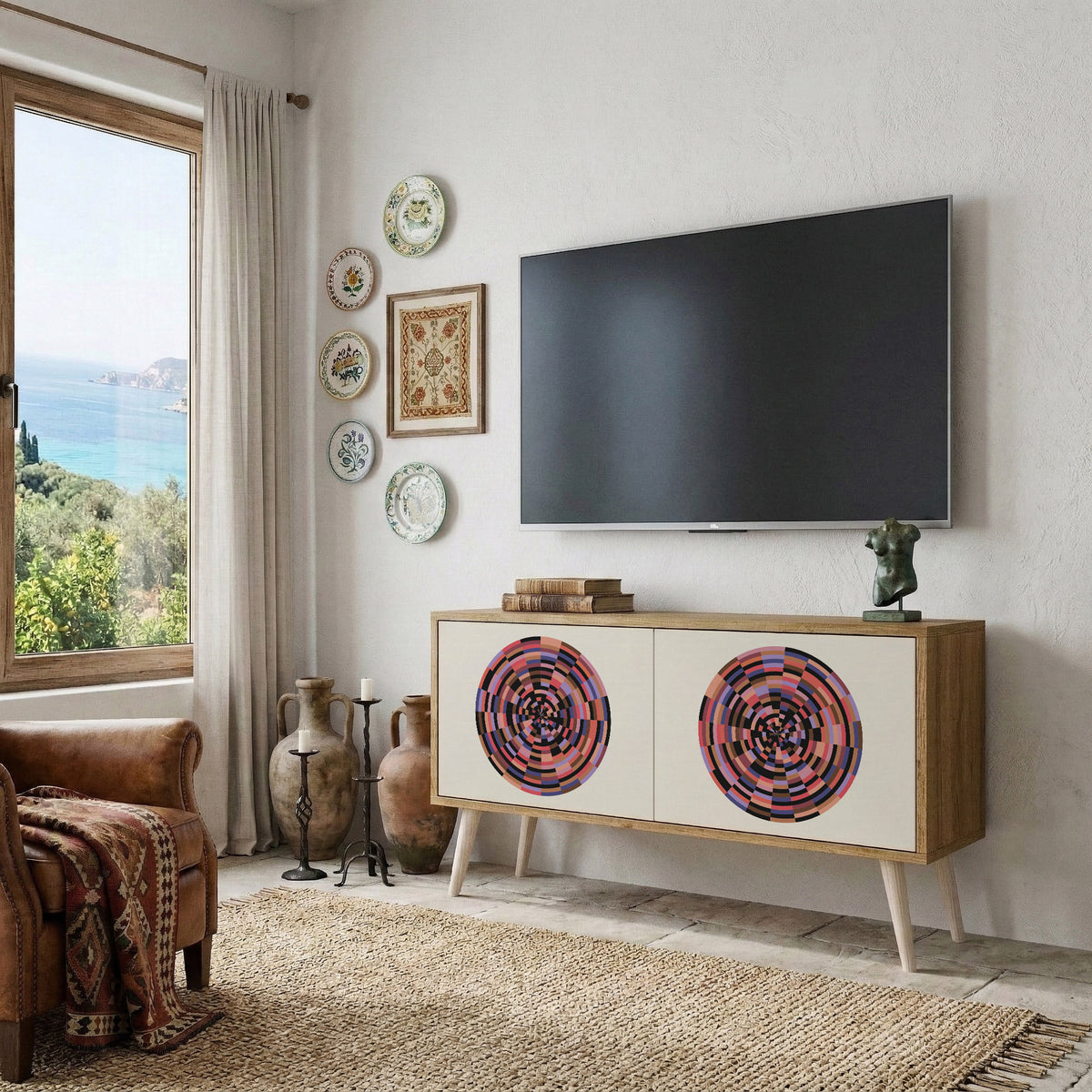BROWN CIRCLES Kompakt TV-bänk med 2 dörrar