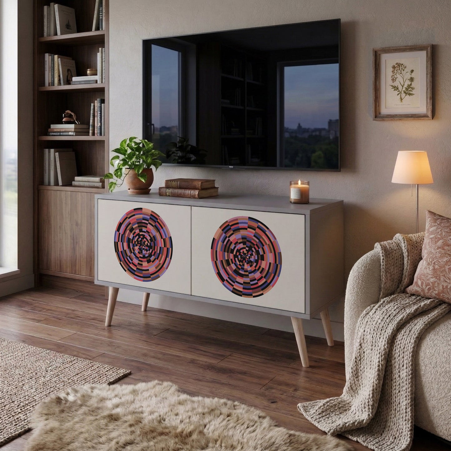 BROWN CIRCLES Kompakt TV-bänk med 2 dörrar