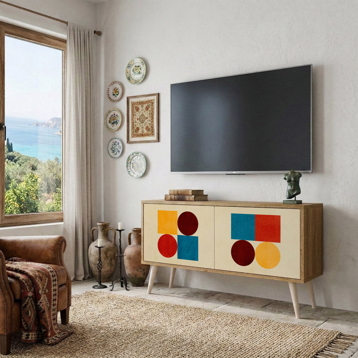 GEOMETRIC PUZZLE Kompakt TV-bänk med 2 dörrar