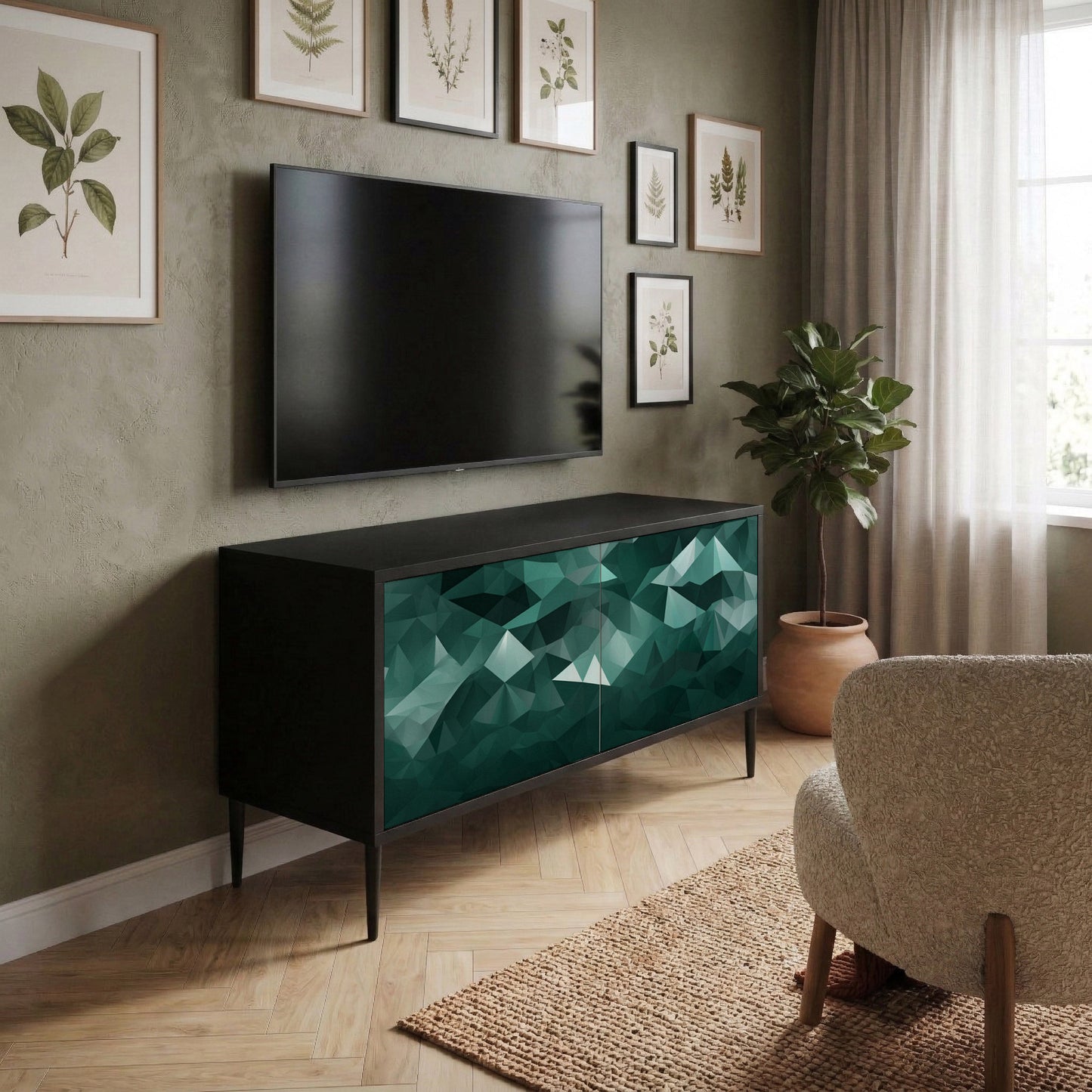 POLYGONAL FLOATING Kompakt TV-bänk med 2 dörrar