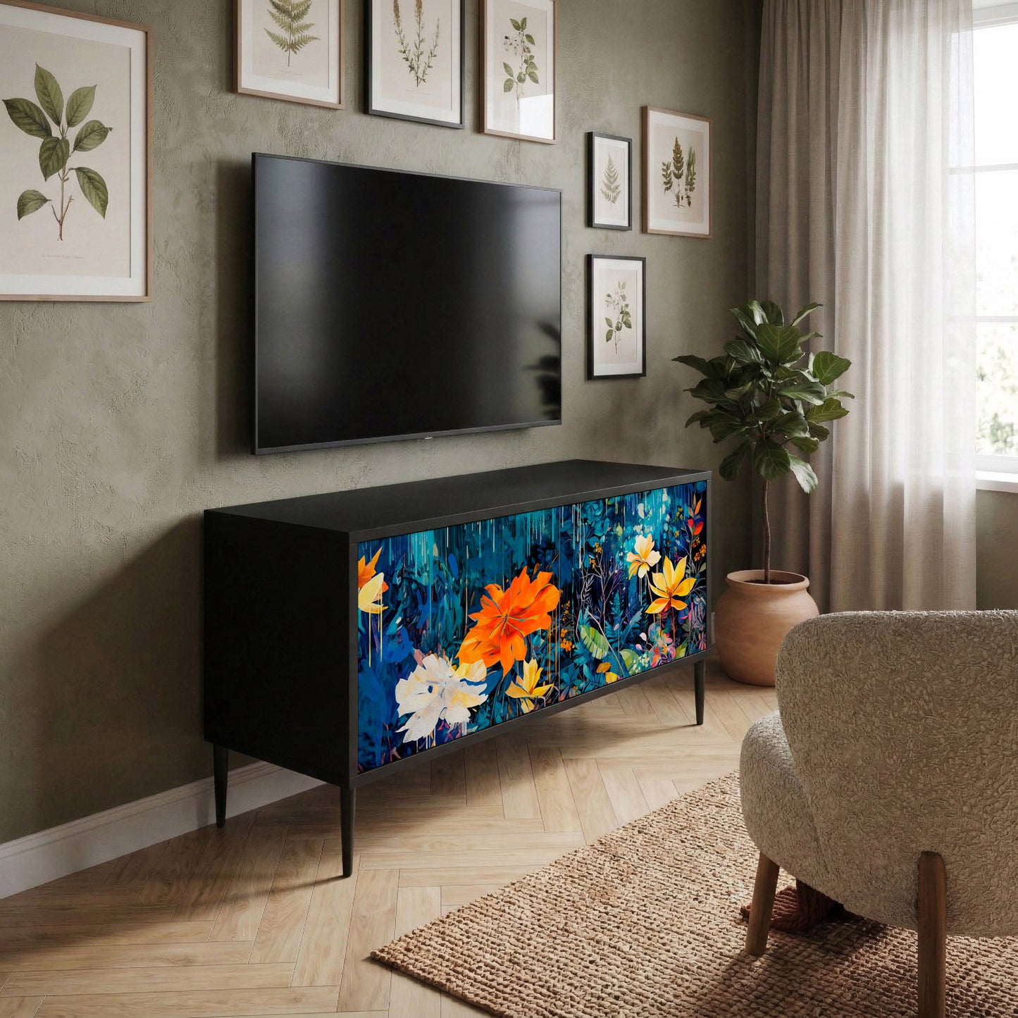 MIDNIGHT BLOSSOM Kompakt TV-bänk med 2 dörrar