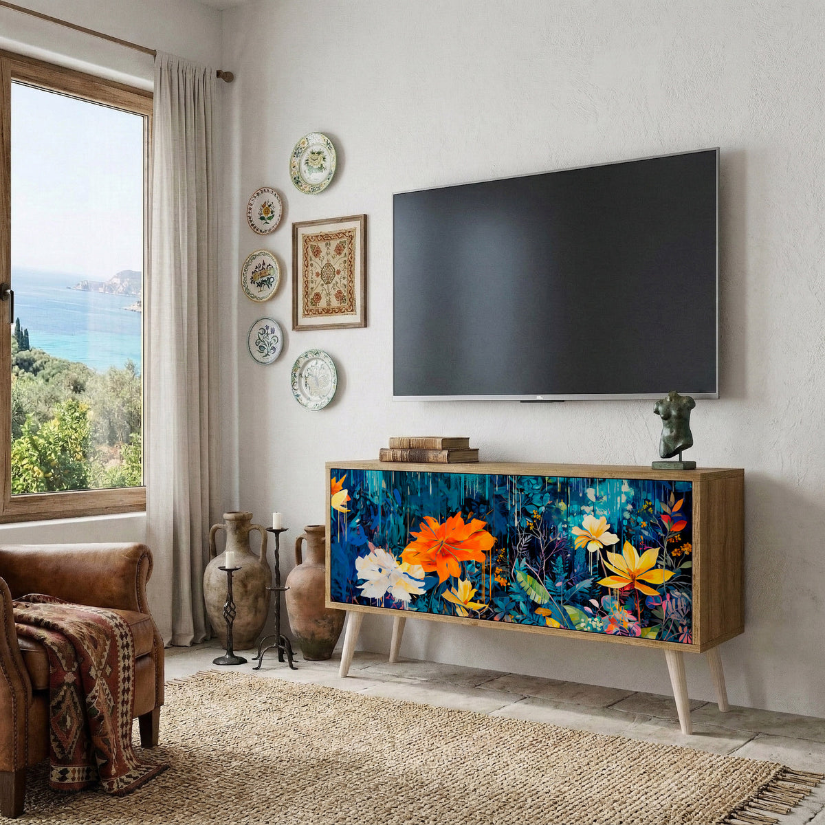 MIDNIGHT BLOSSOM Kompakt TV-bänk med 2 dörrar