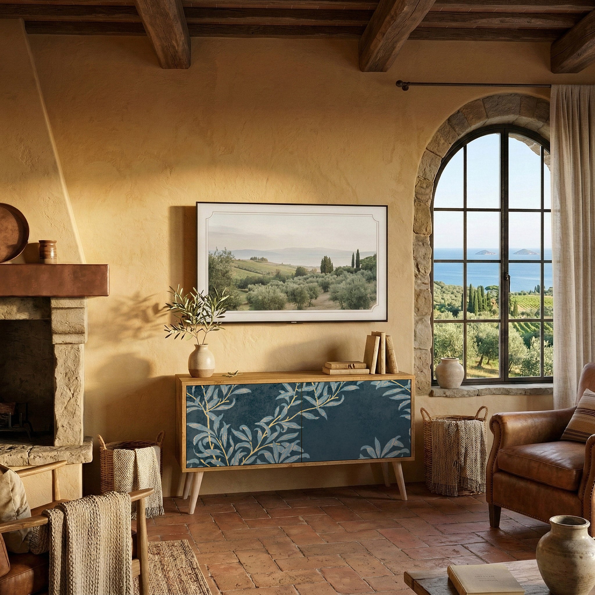 BLUE LEAVES Kompakt TV-bänk med 2 dörrar