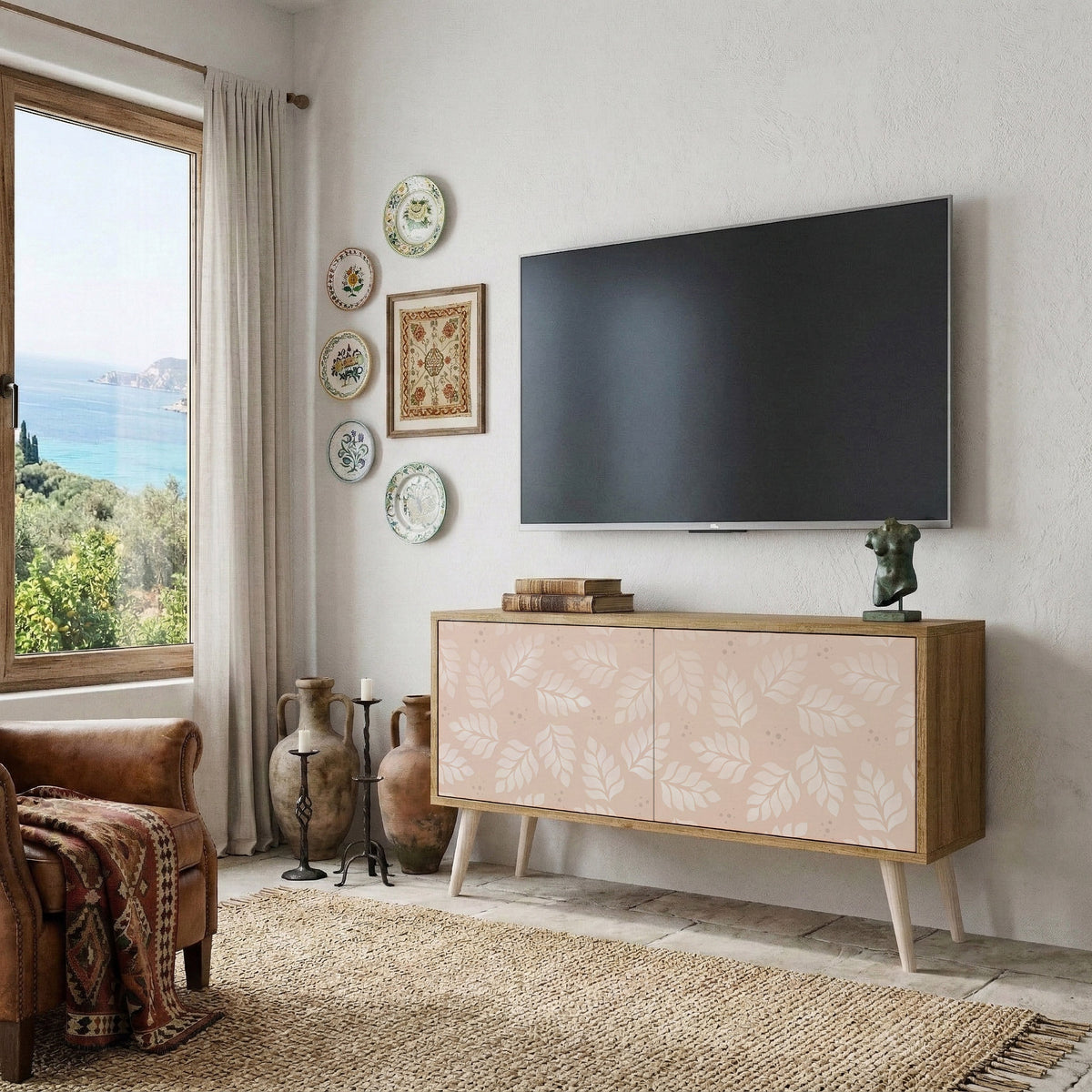 LEAVES ON BEIGE Kompakt TV-bänk med 2 dörrar