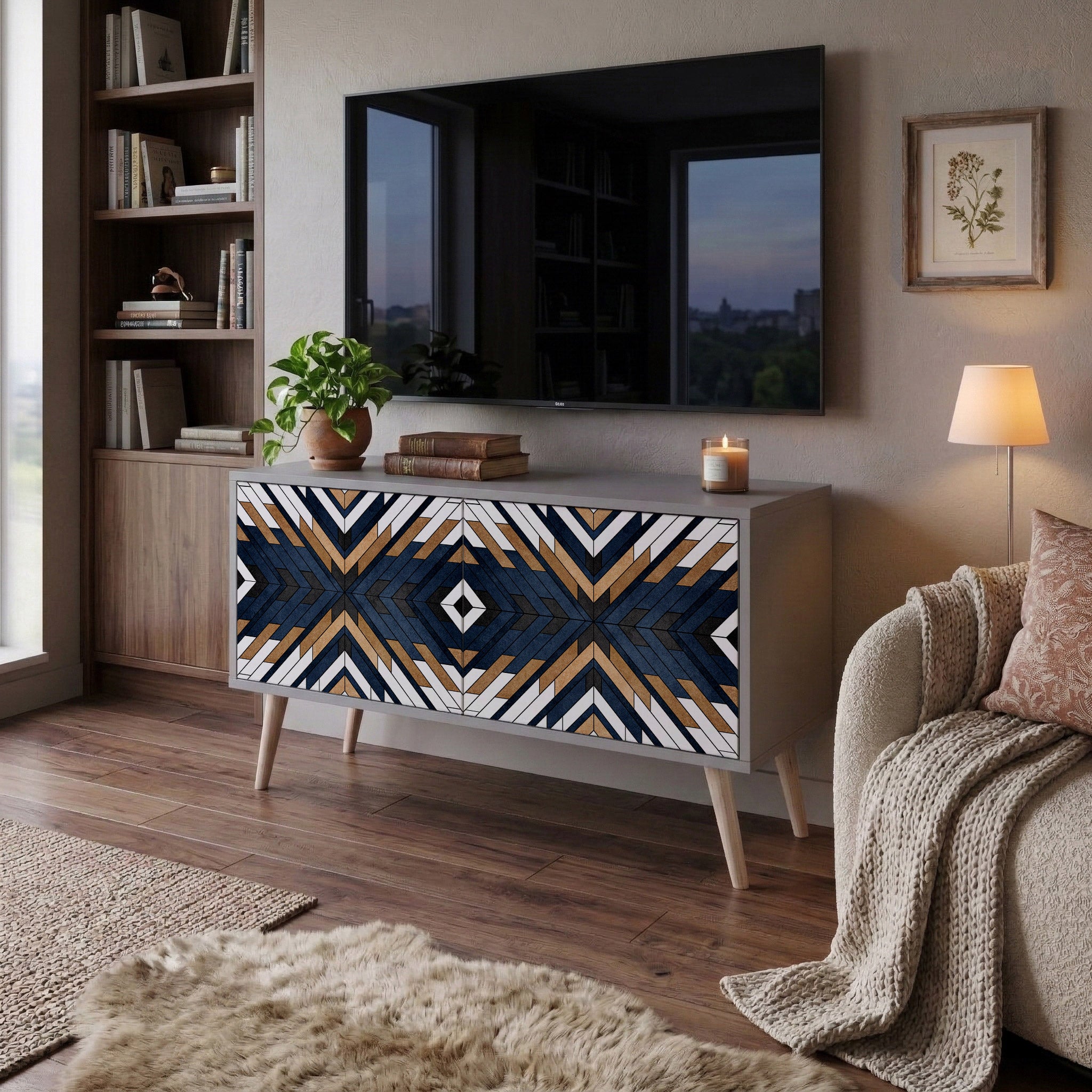 ARTFUL GEOMETRY Kompakt TV-bänk med 2 dörrar