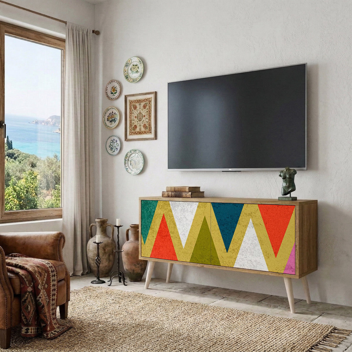 COLORFUL TRIANGLES Kompakt TV-bänk med 2 dörrar
