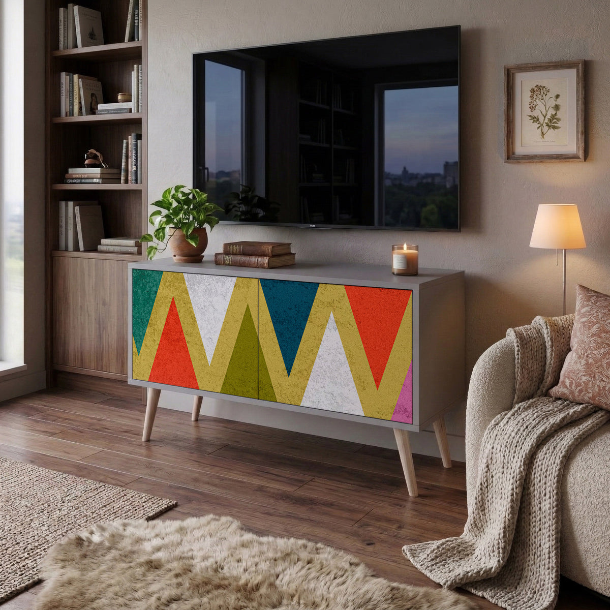 COLORFUL TRIANGLES Kompakt TV-bänk med 2 dörrar