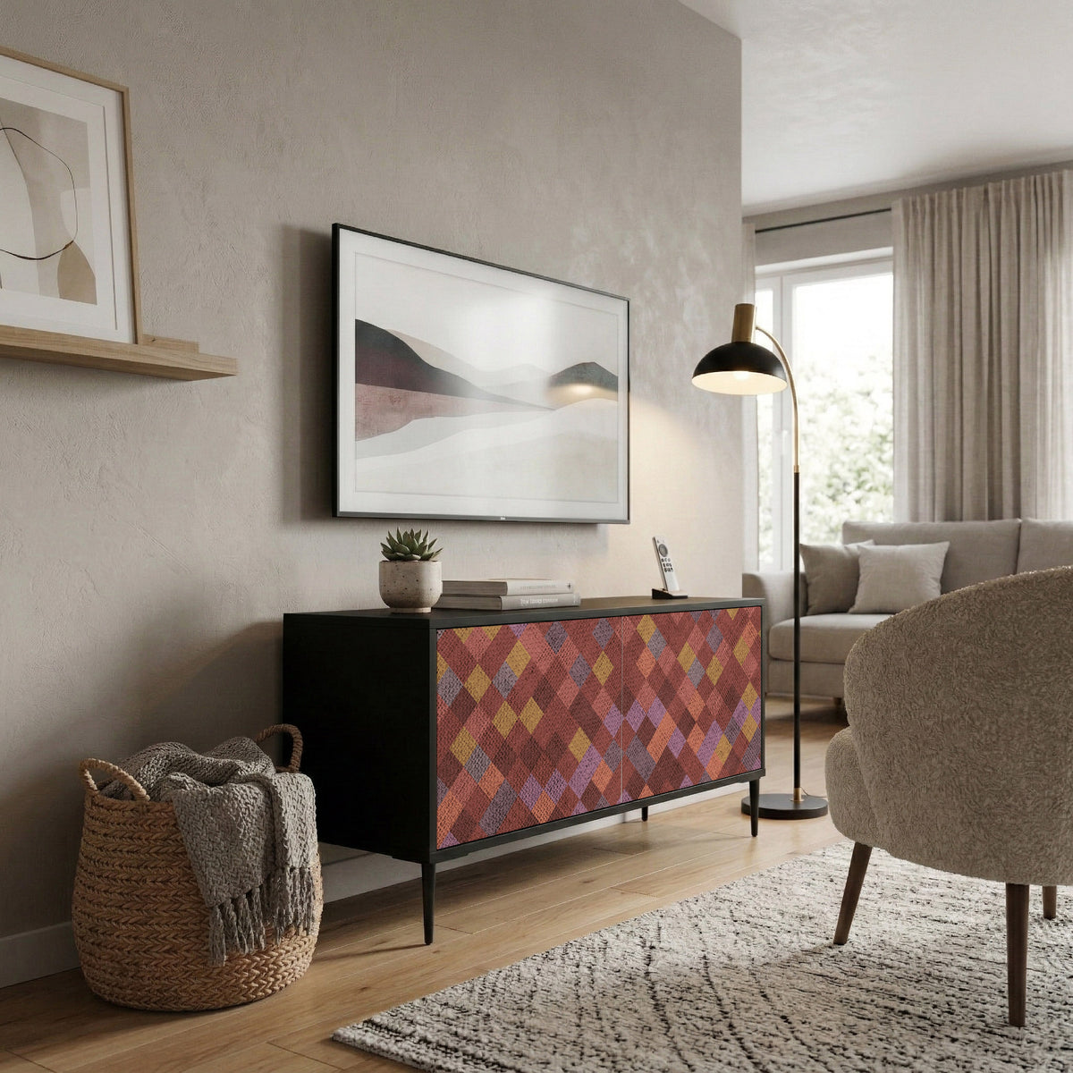PAINTED SQUARES Kompakt TV-bänk med 2 dörrar