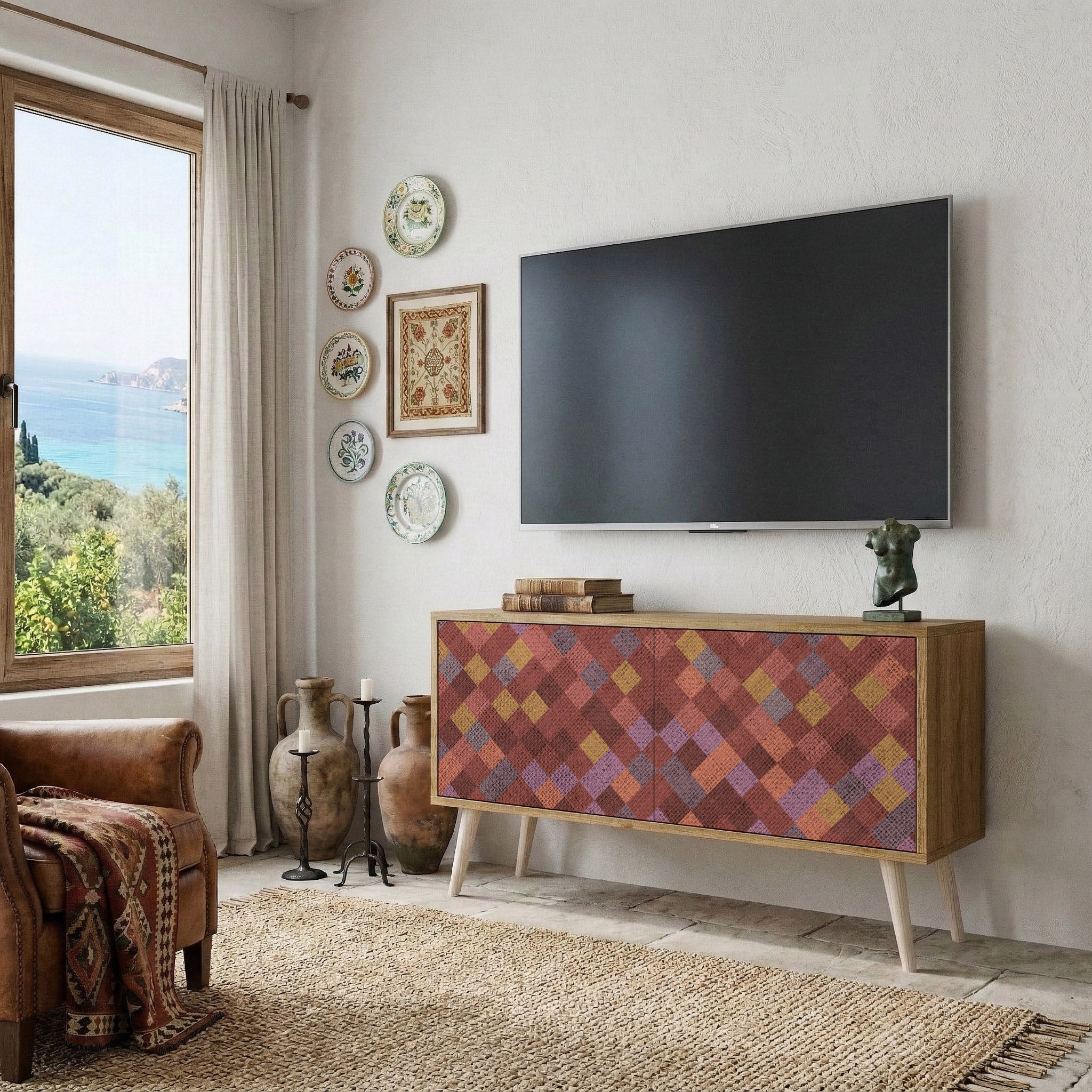 PAINTED SQUARES Kompakt TV-bänk med 2 dörrar