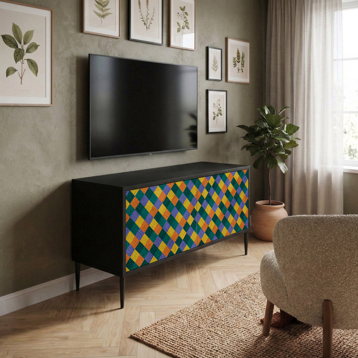 PAINTED SQUARES MIX Kompakt TV-bänk med 2 dörrar