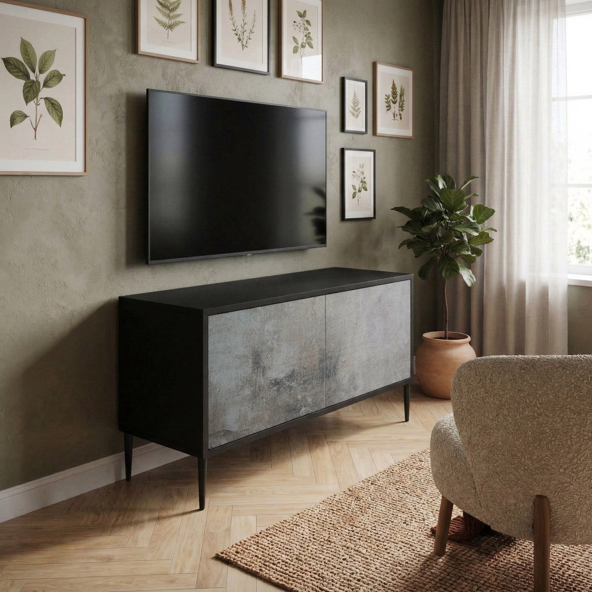 CONCRETE WALL Kompakt TV-bänk med 2 dörrar