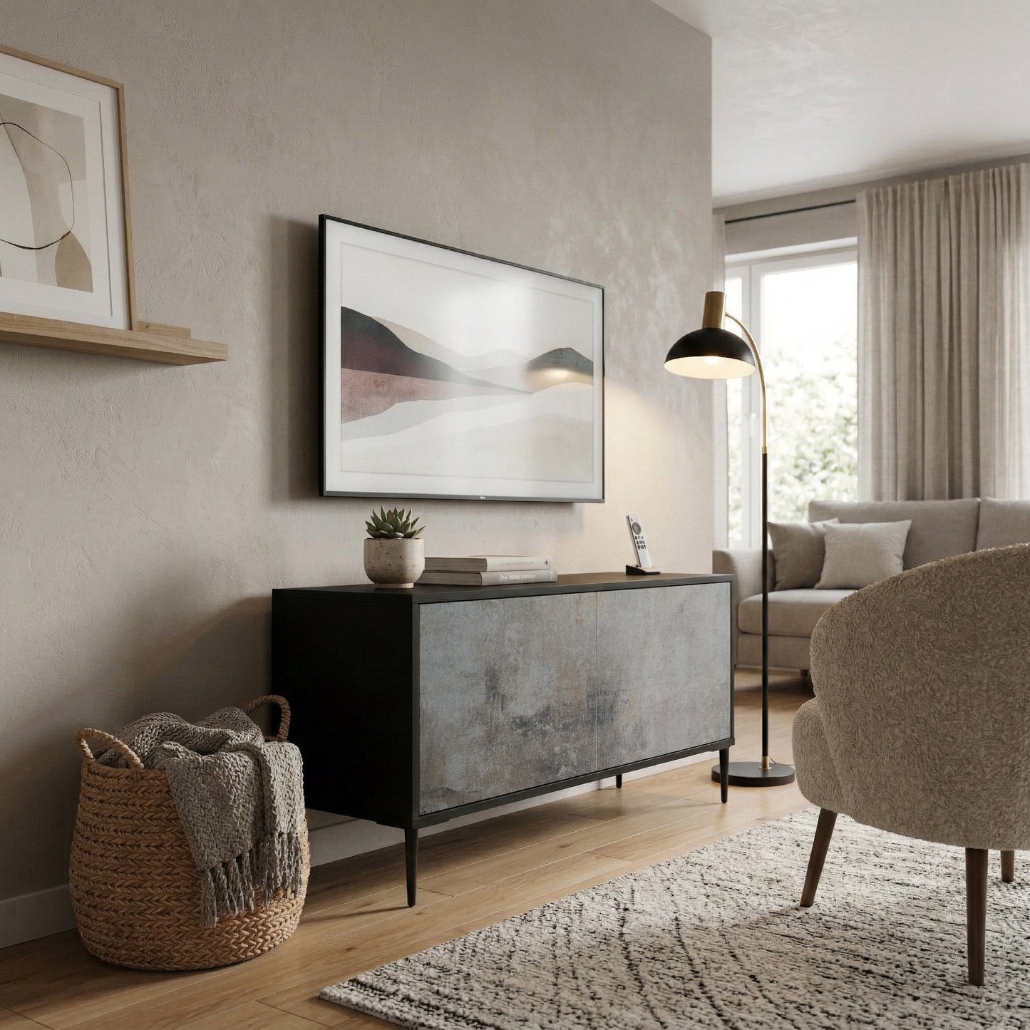 CONCRETE WALL Kompakt TV-bänk med 2 dörrar