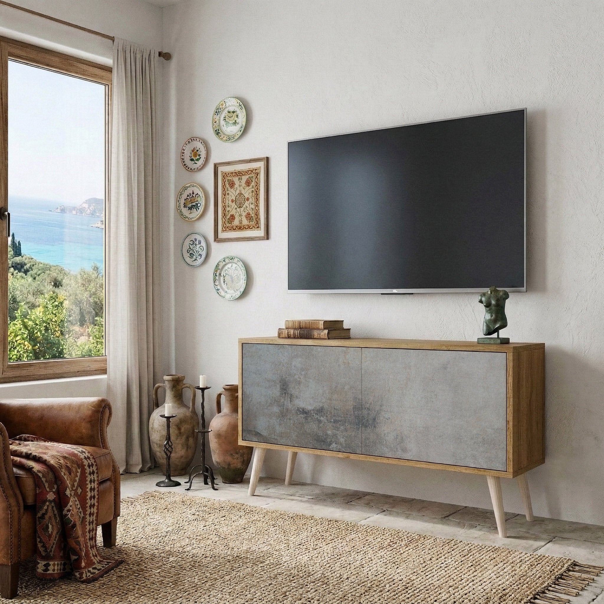 CONCRETE WALL Kompakt TV-bänk med 2 dörrar