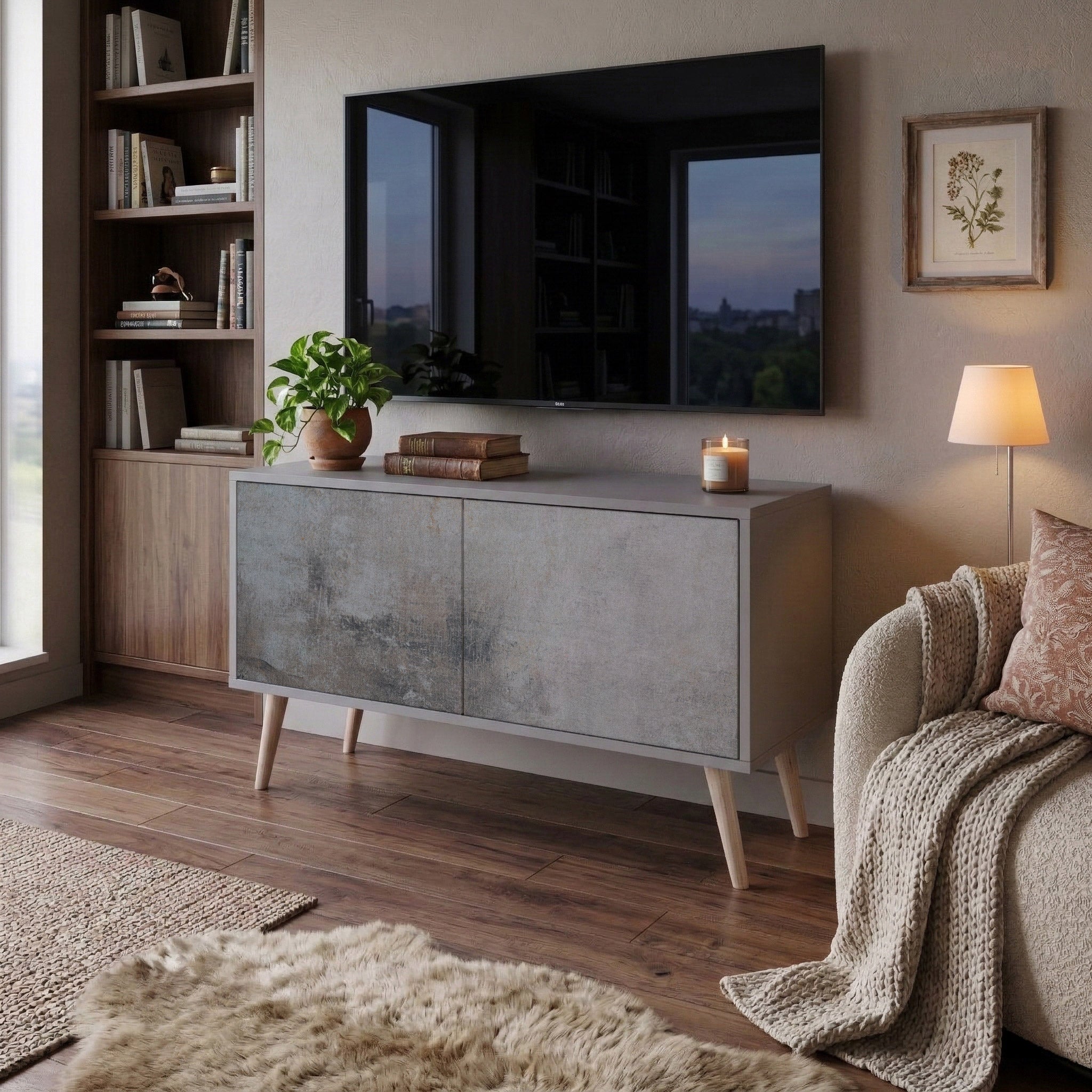 CONCRETE WALL Kompakt TV-bänk med 2 dörrar