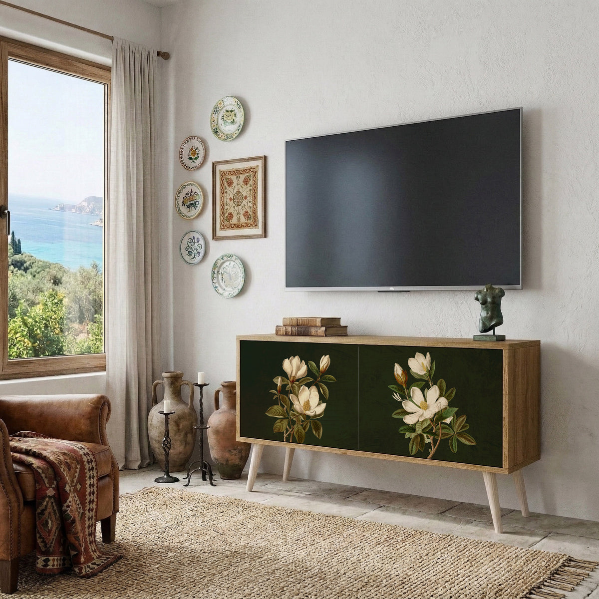 FLORAL NOIR Kompakt TV-bänk med 2 dörrar
