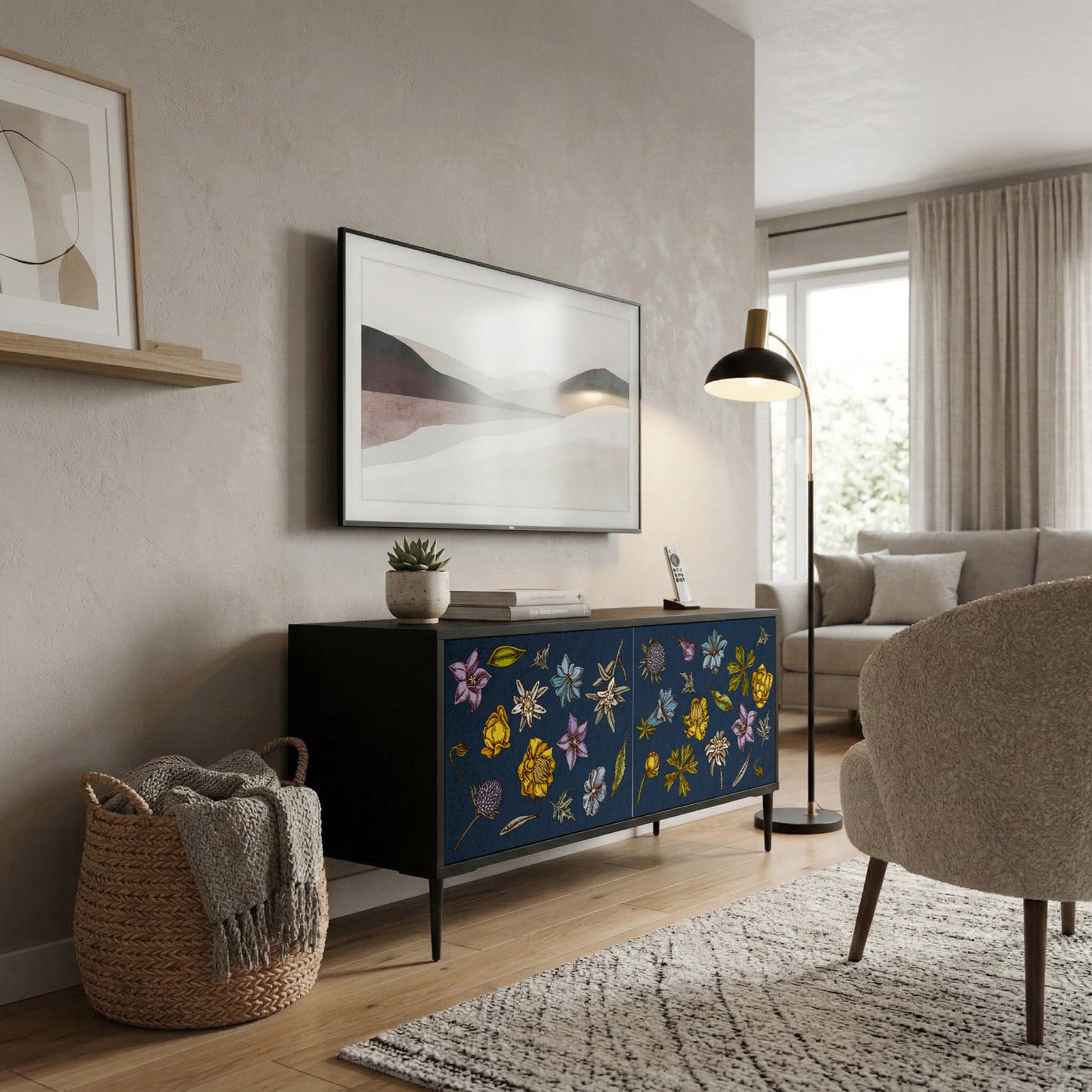 FLOWERS ON NAVY BLUE Kompakt TV-bänk med 2 dörrar