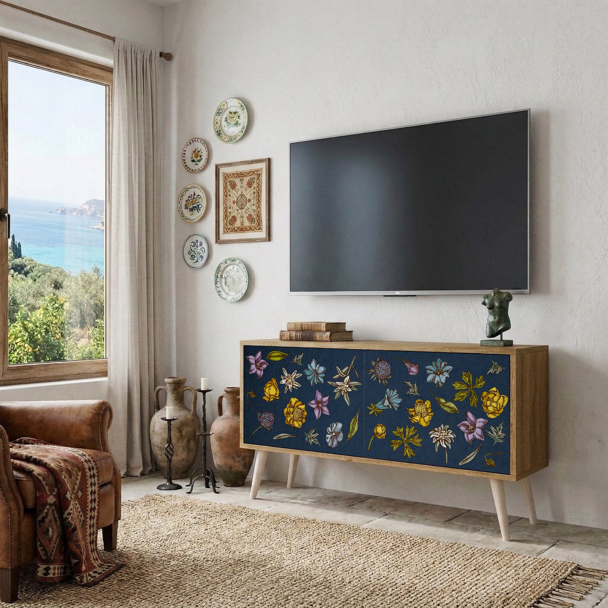 FLOWERS ON NAVY BLUE Kompakt TV-bänk med 2 dörrar