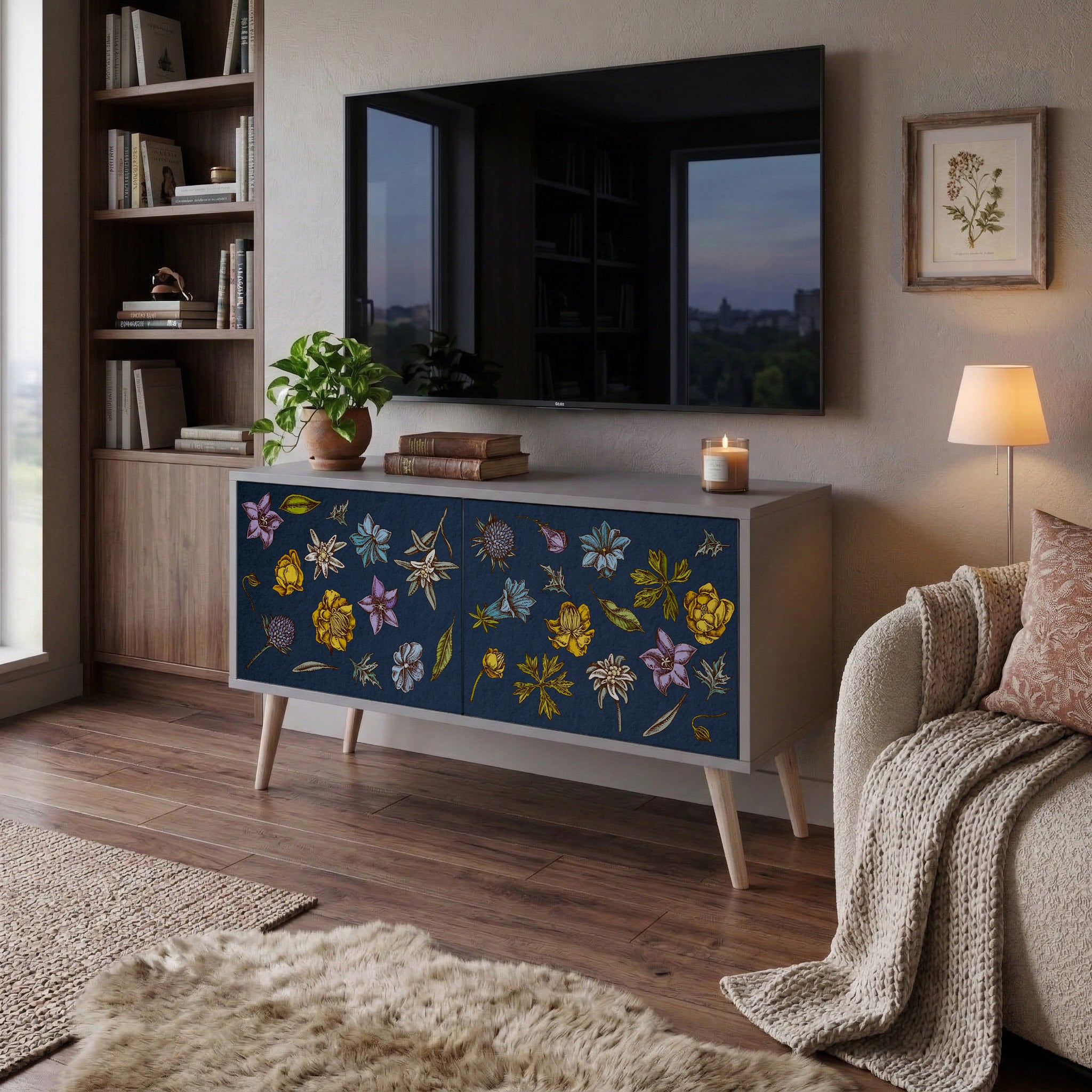 FLOWERS ON NAVY BLUE Kompakt TV-bänk med 2 dörrar