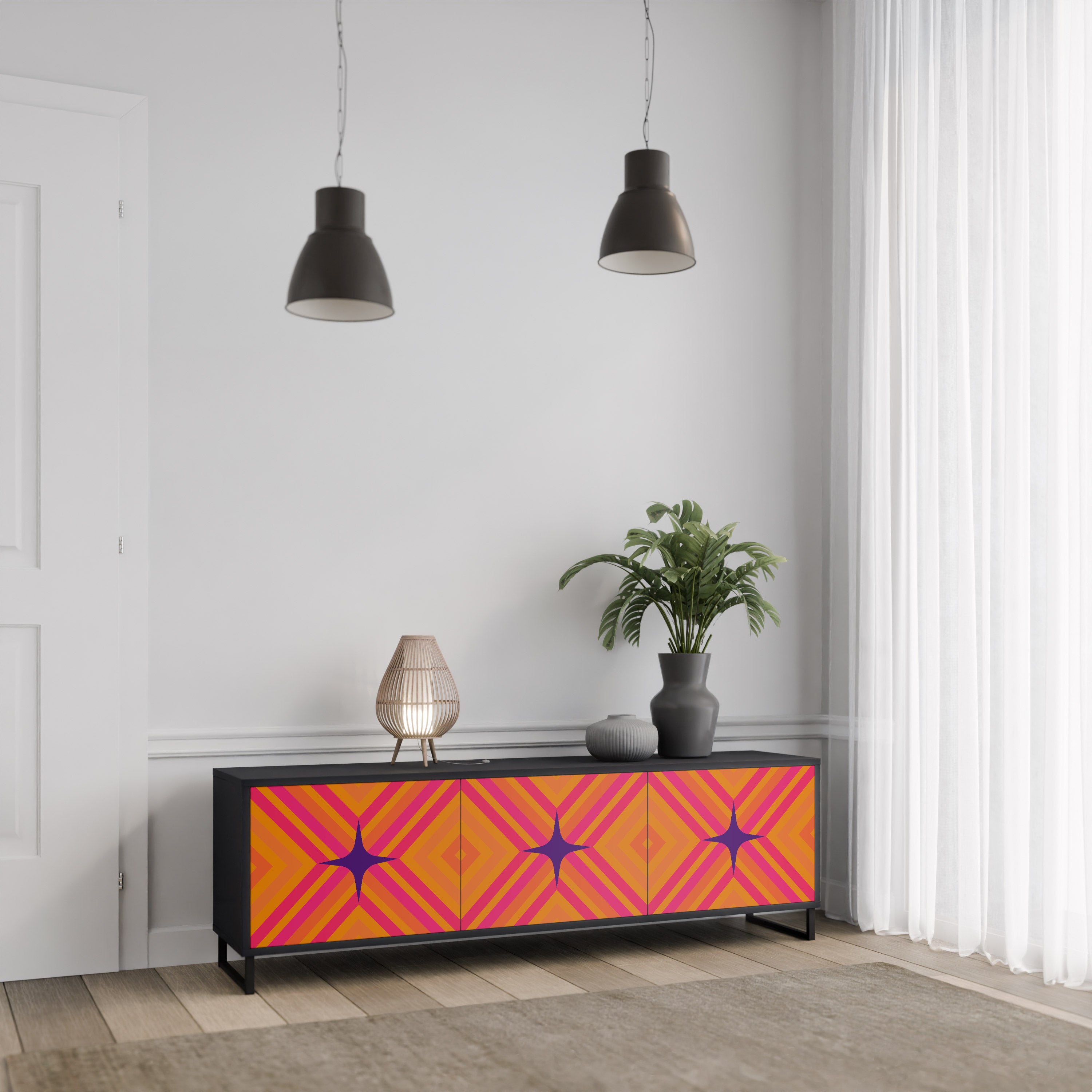 GEOMETRIC BRILLIANCE 3-dörrars TV-bänk i svart finish