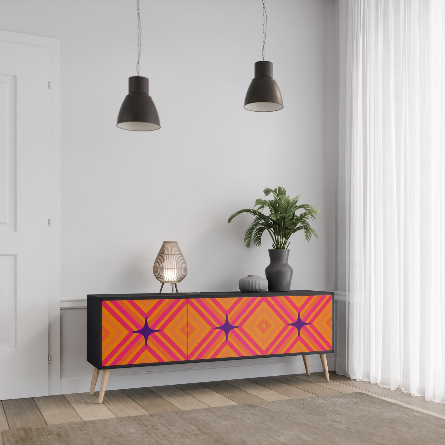 GEOMETRIC BRILLIANCE 3-dörrars TV-bänk i svart finish