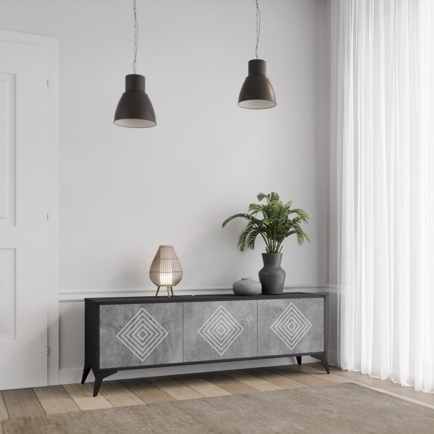 POLYGONAL ARTISTRY 3-dörrars TV-bänk i svart finish