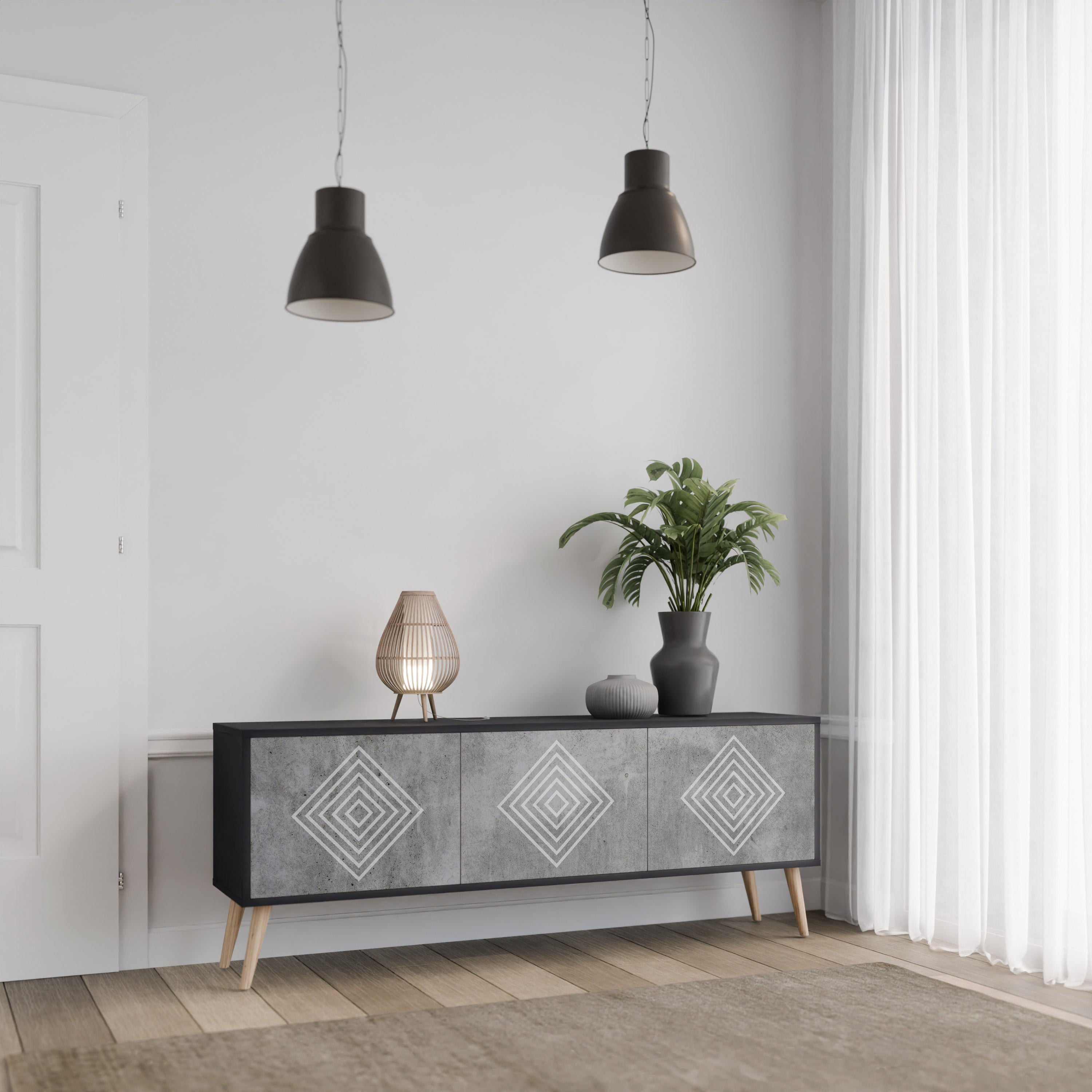 POLYGONAL ARTISTRY 3-dörrars TV-bänk i svart finish