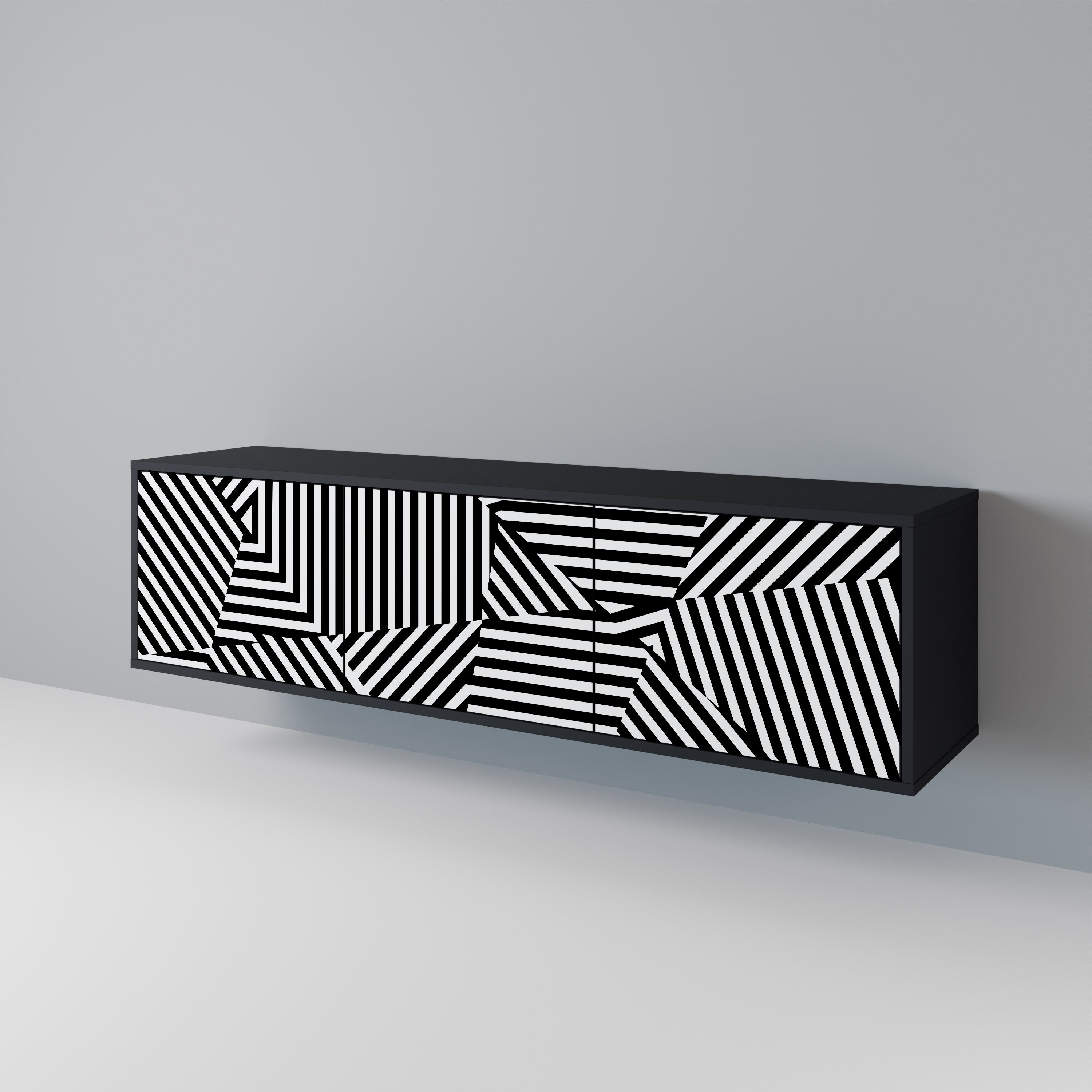 ILLUSIONARISK GALLER 3-dörrars TV-bänk i svart finish