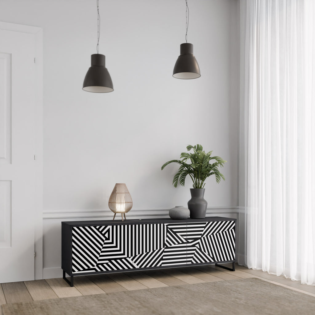 ILLUSIONARY LATTICE 3-Door TV Stand in Black Finish