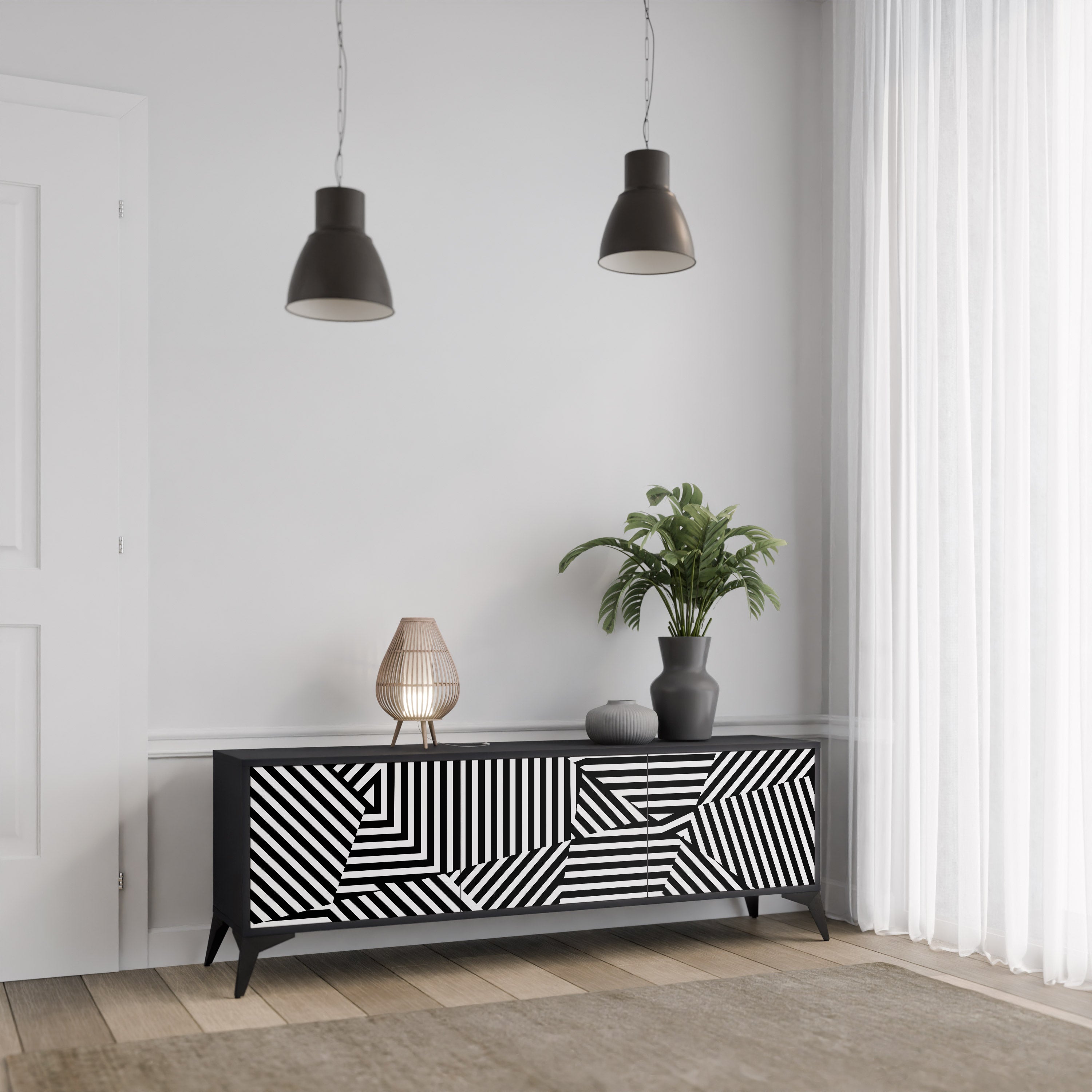 ILLUSIONARISK GALLER 3-dörrars TV-bänk i svart finish