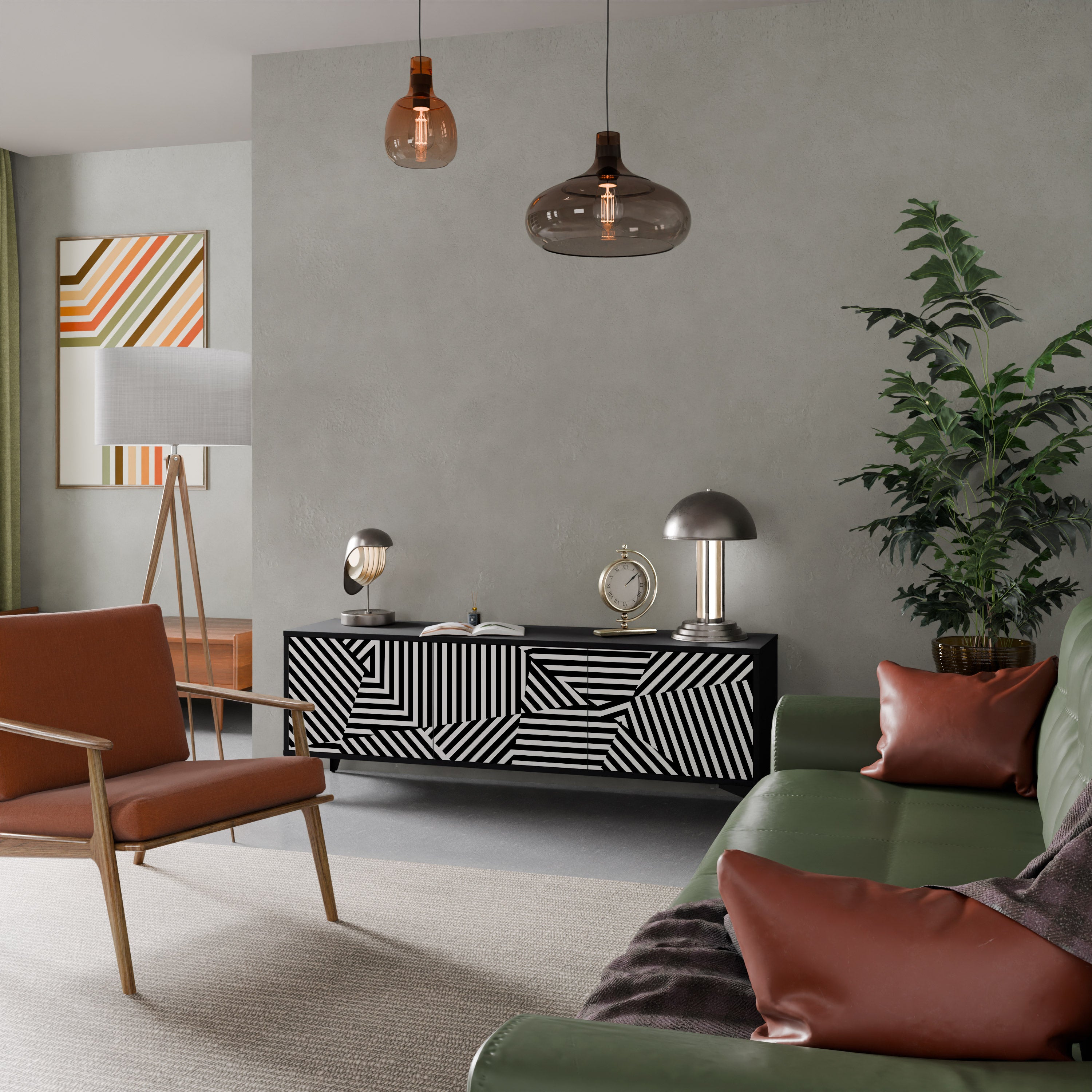 ILLUSIONARISK GALLER 3-dörrars TV-bänk i svart finish