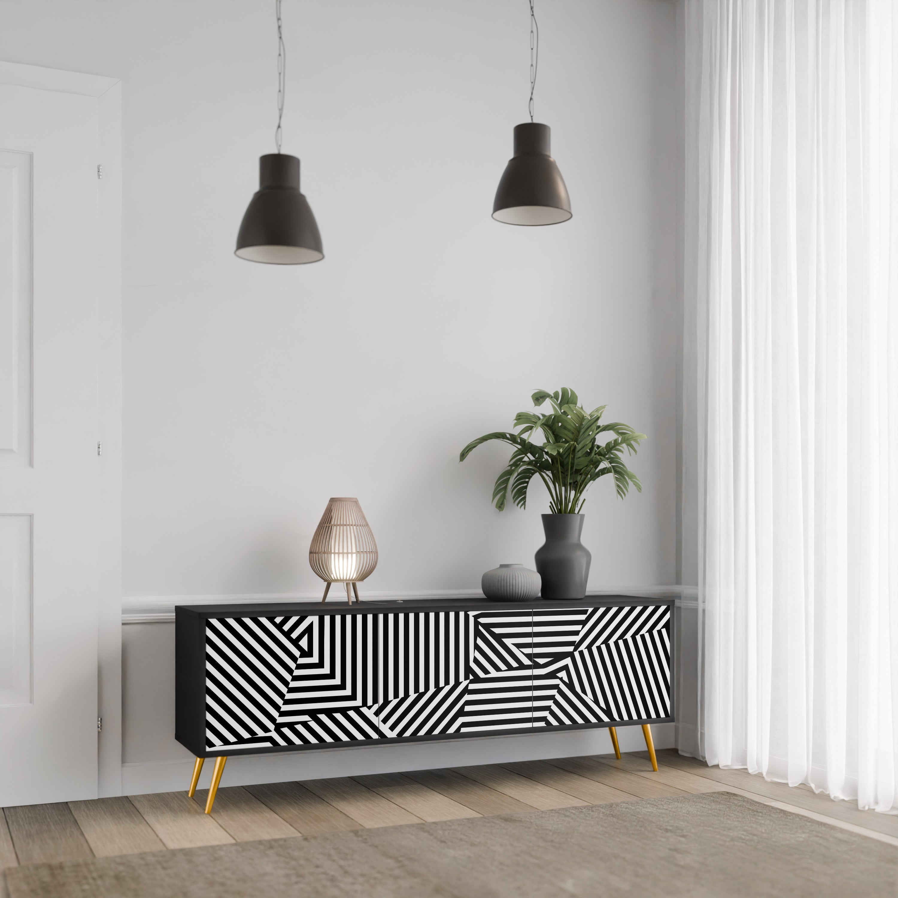 ILLUSIONARISK GALLER 3-dörrars TV-bänk i svart finish