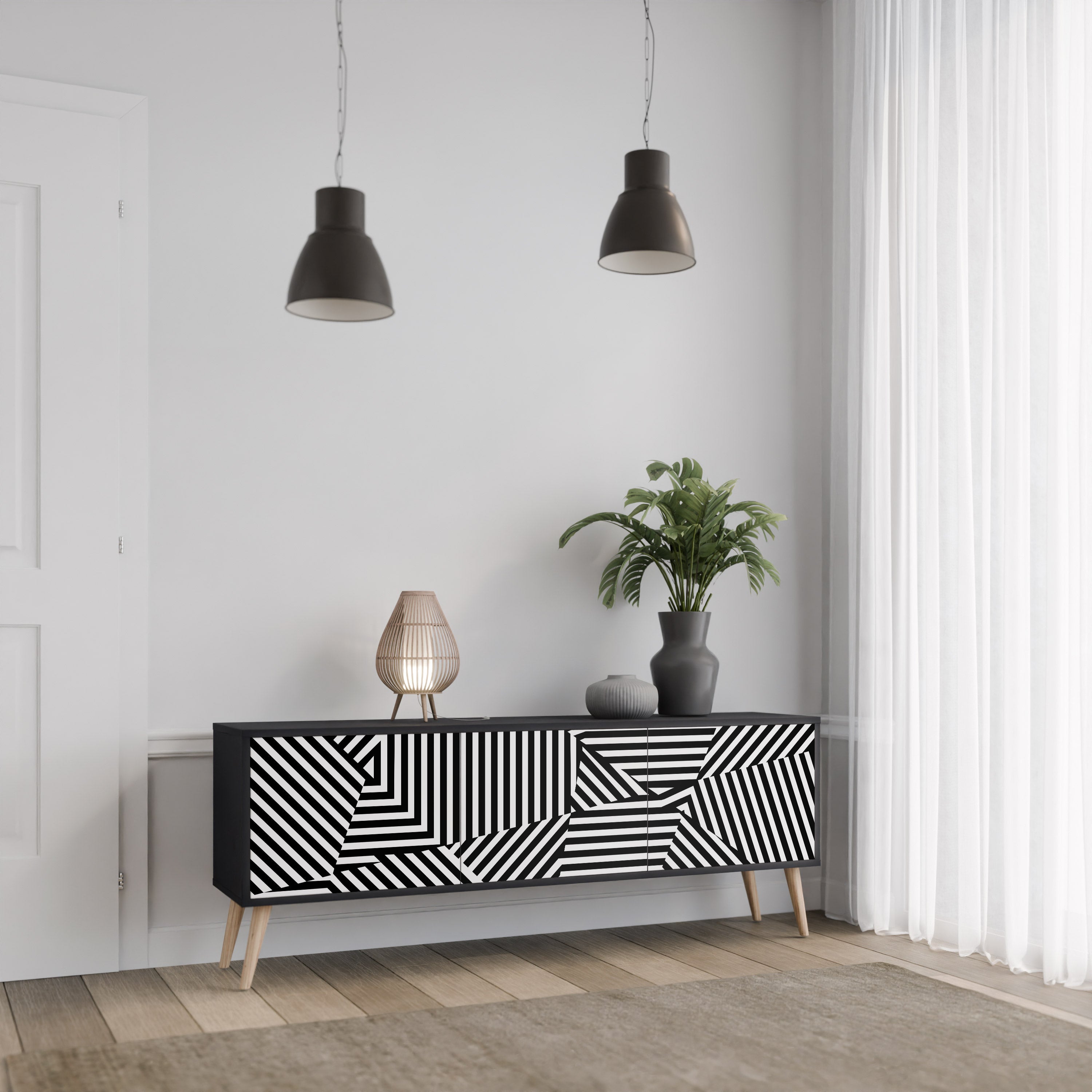 ILLUSIONARISK GALLER 3-dörrars TV-bänk i svart finish